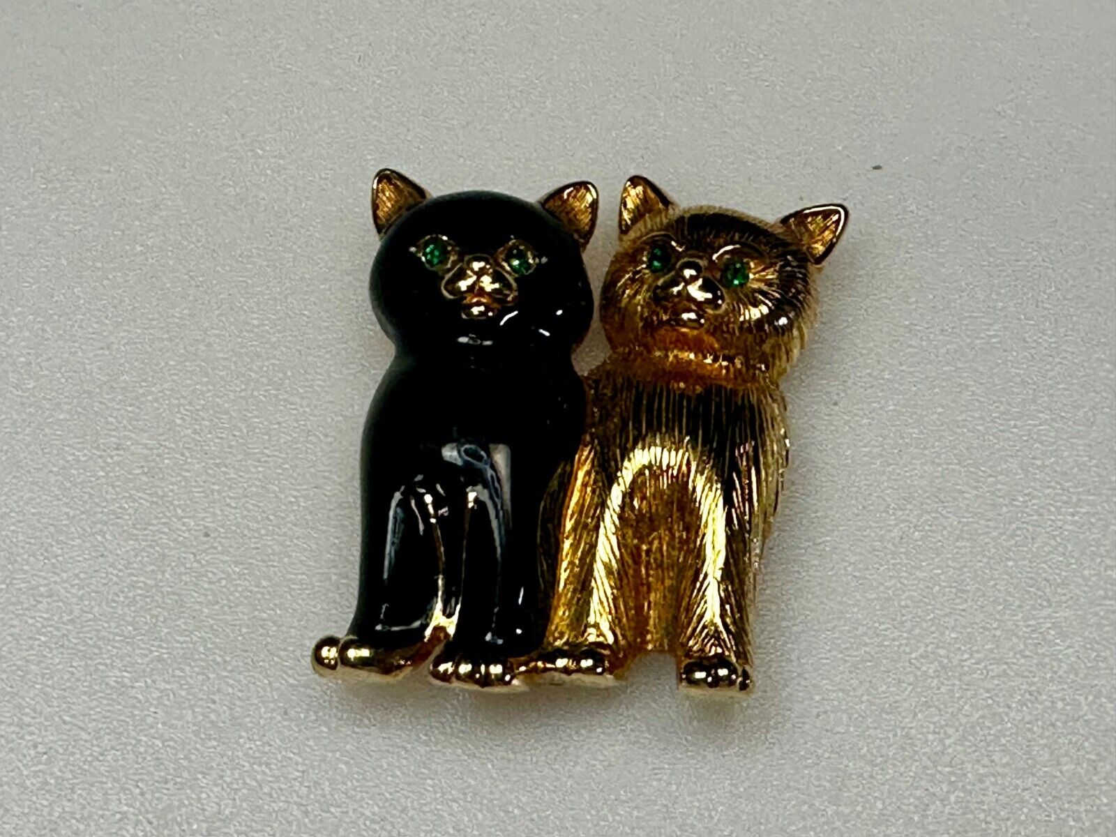 Two Sitting Cats Green Eyes, Black & Gold Kittens Brooch Pin Signed Swarovski