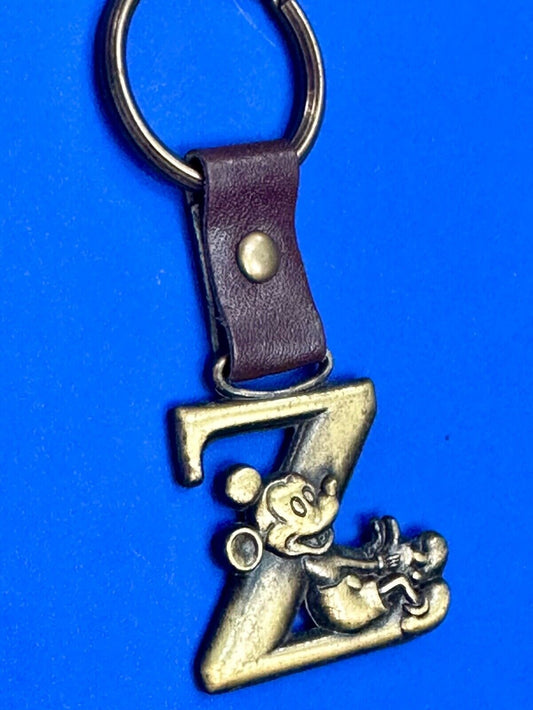 VINTAGE LETTER INITIAL Z MICKEY MOUSE DISNEY KEYCHAIN BRASS and LEATHER FOB