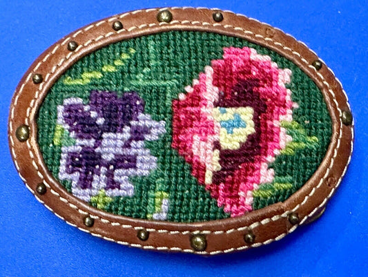 Beautiful Flowers Artisan cross-stitched on brown leather Vintage Belt Buckle
