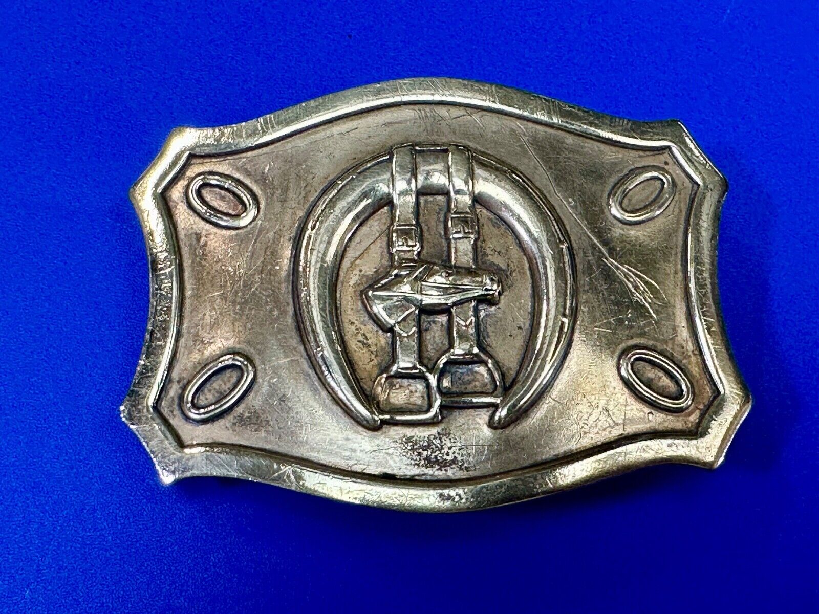 Vintage horse, head &  stirrups western lucky horseshoe belt buckle