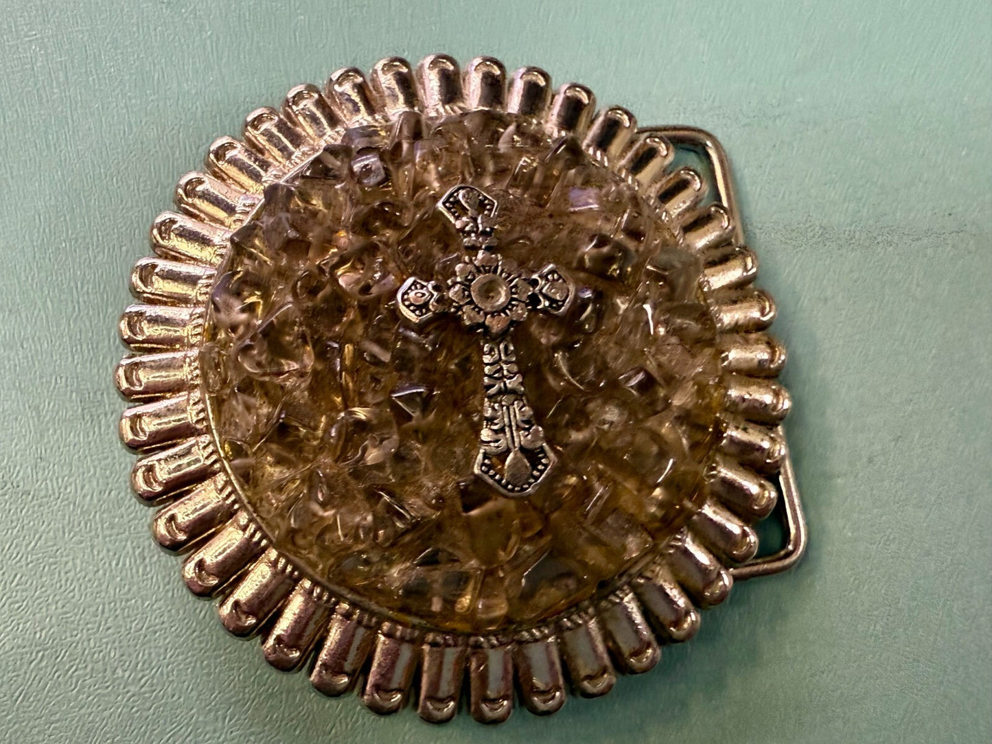 Artisan Religious Iron Cross Clear Stone Covered Unique Round Belt Buckle