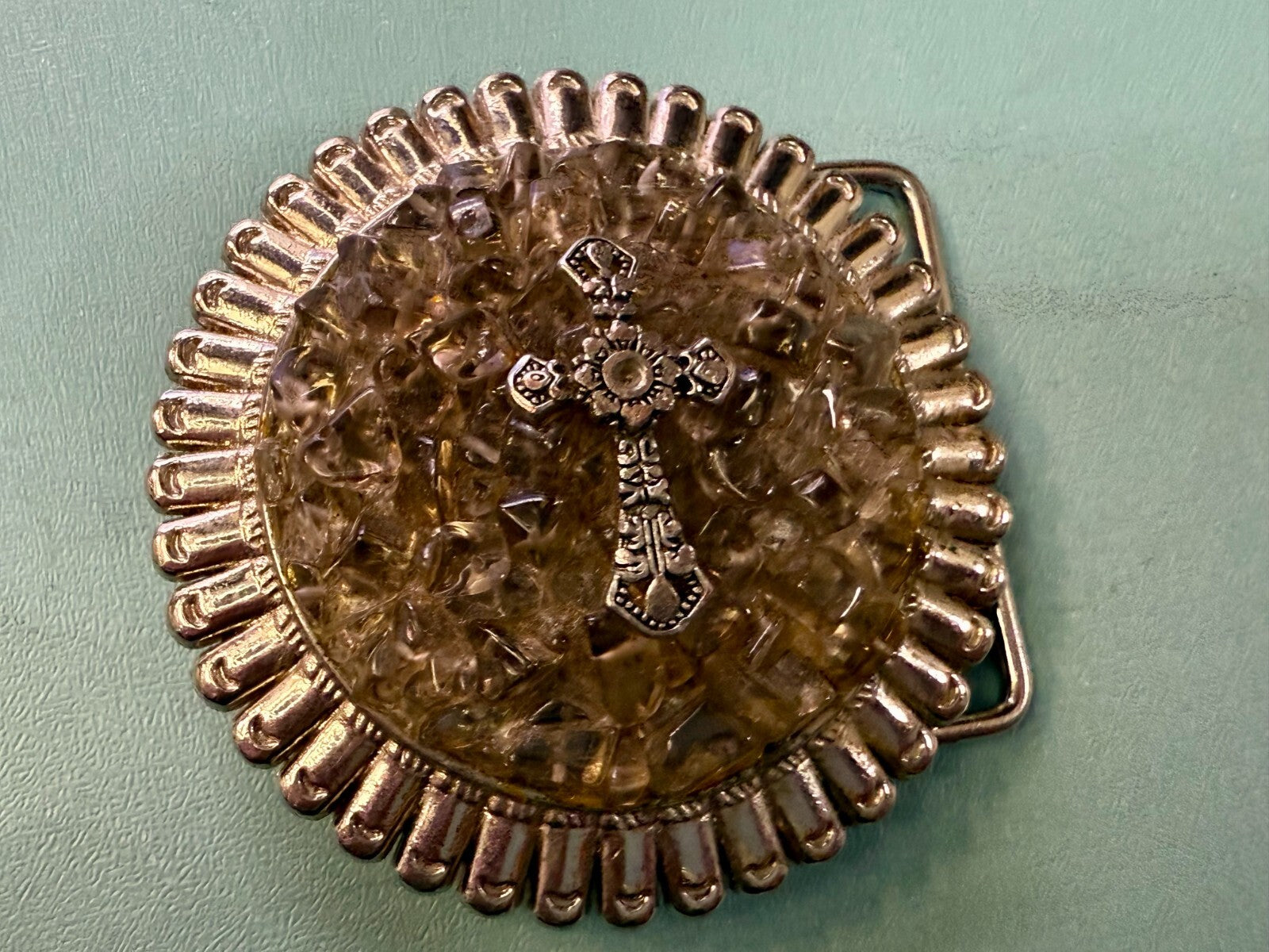 Artisan Religious Iron Cross Clear Stone Covered Unique Round Belt Buckle