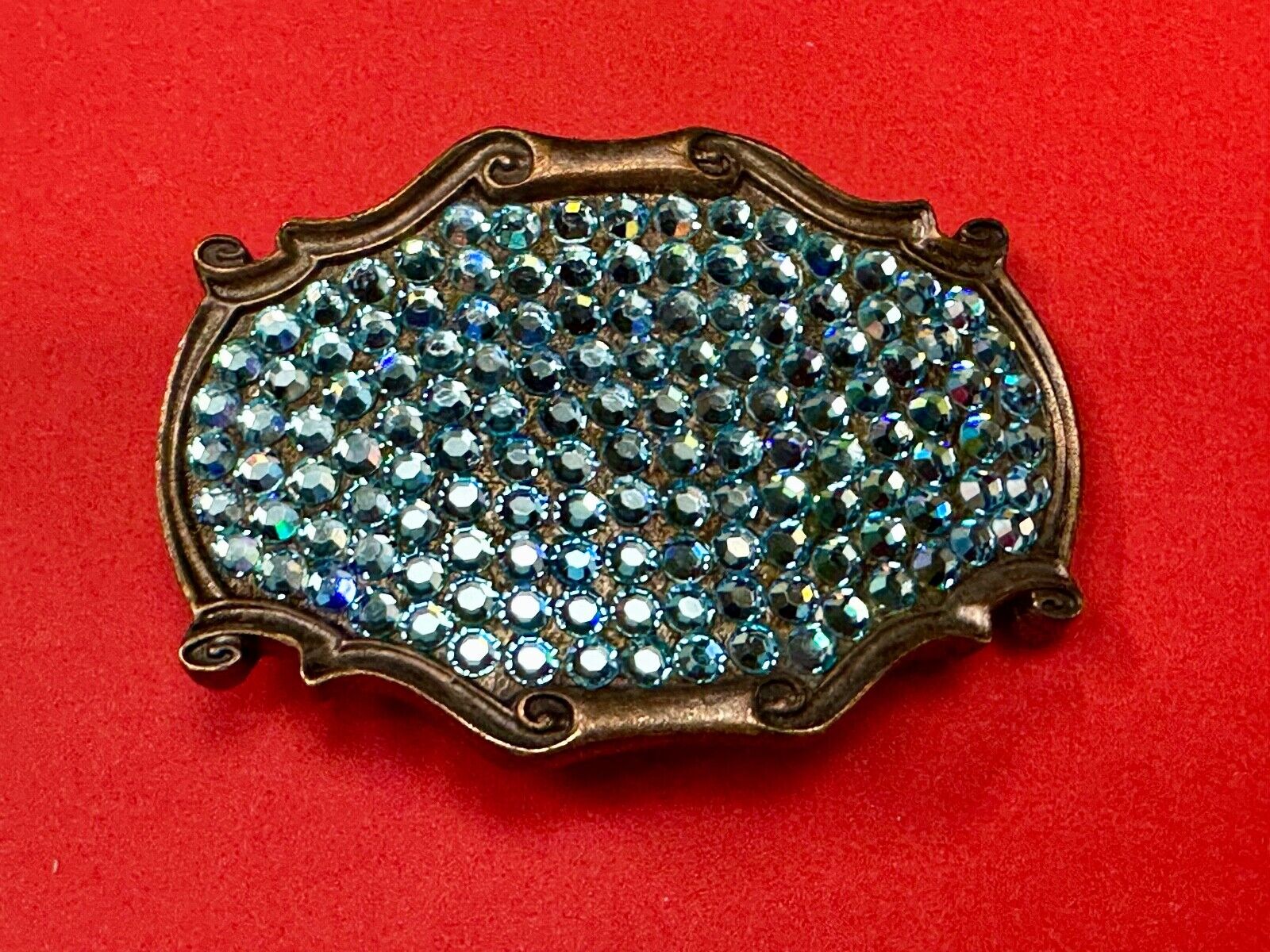 Vintage light blue rhinestone covered western framed belt buckle