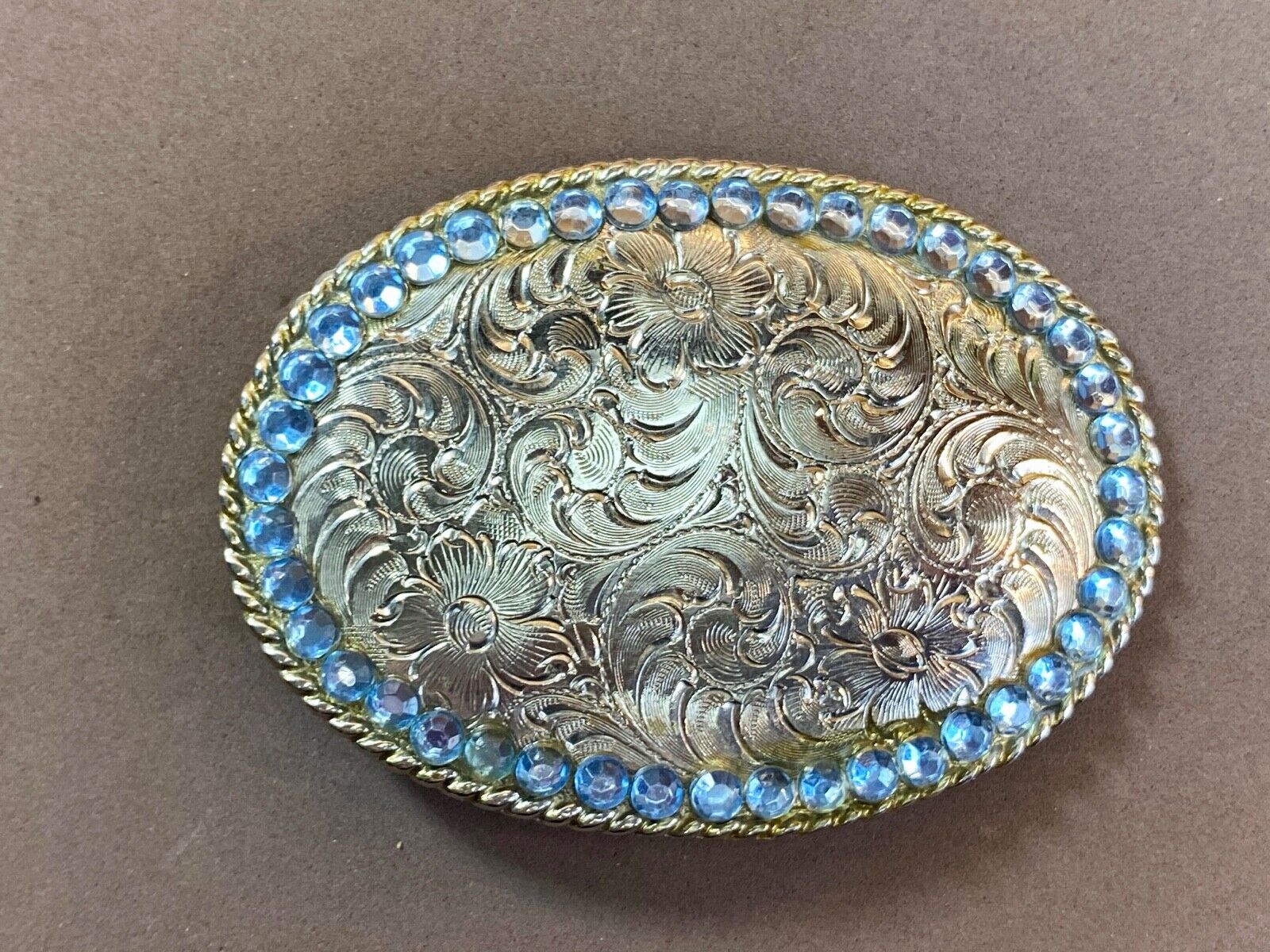Beautiful Etched Western Swirl Belt Buckle Taiwan Roc With Blue Rhinestones 