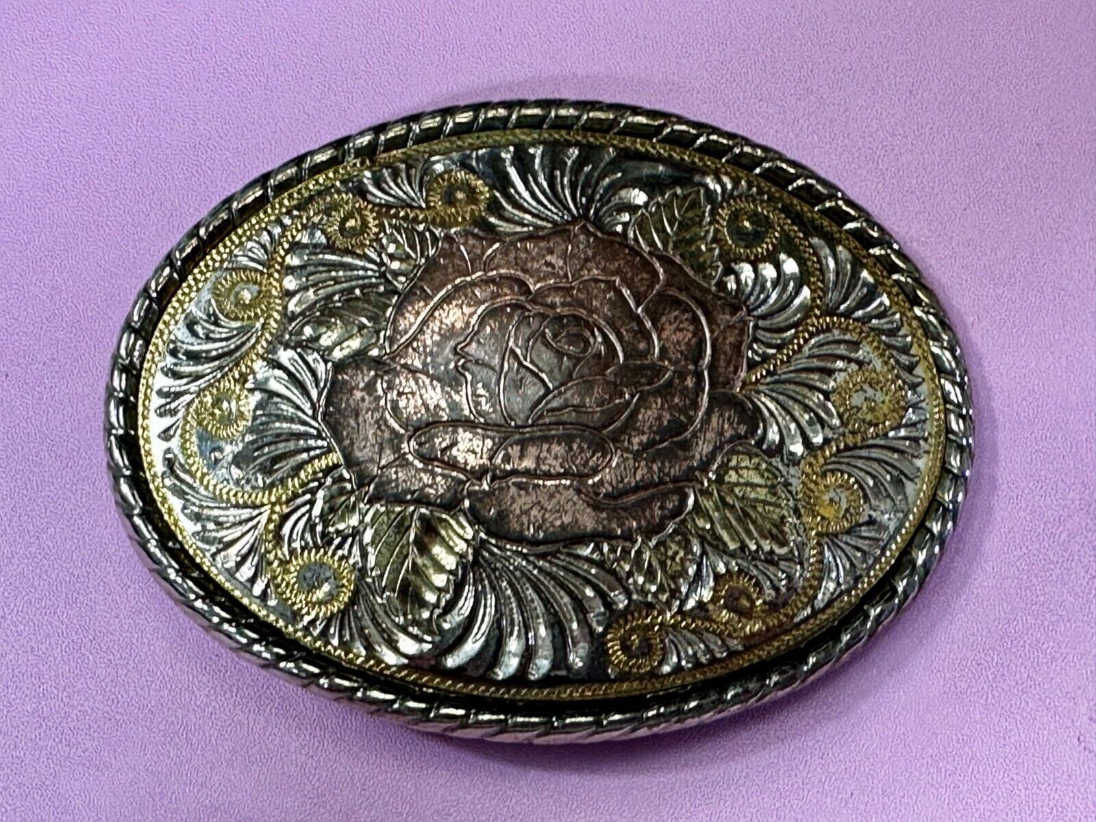 Beautiful Rose Flower Swirl Etched Design Mixed Metal Belt Buckle by W