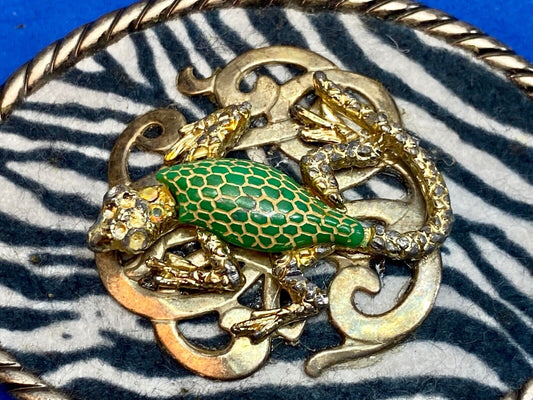 Unique!   Zebra Pattern Belt Buckle With Green Lizard ?Insect Bug? Center 