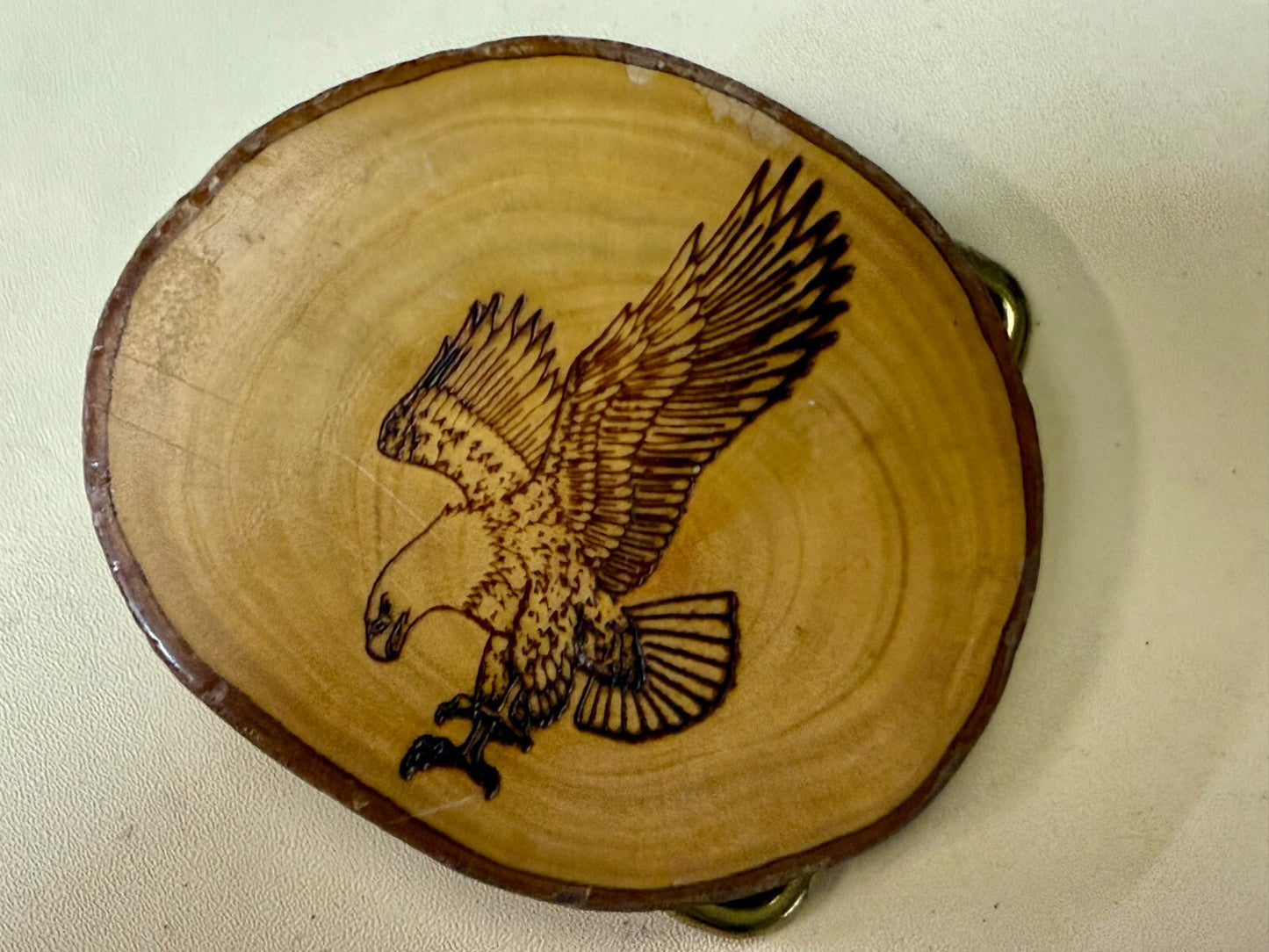 American Bald Eagle Hunting Diving Etching Picture On Wood Log Belt Buckle