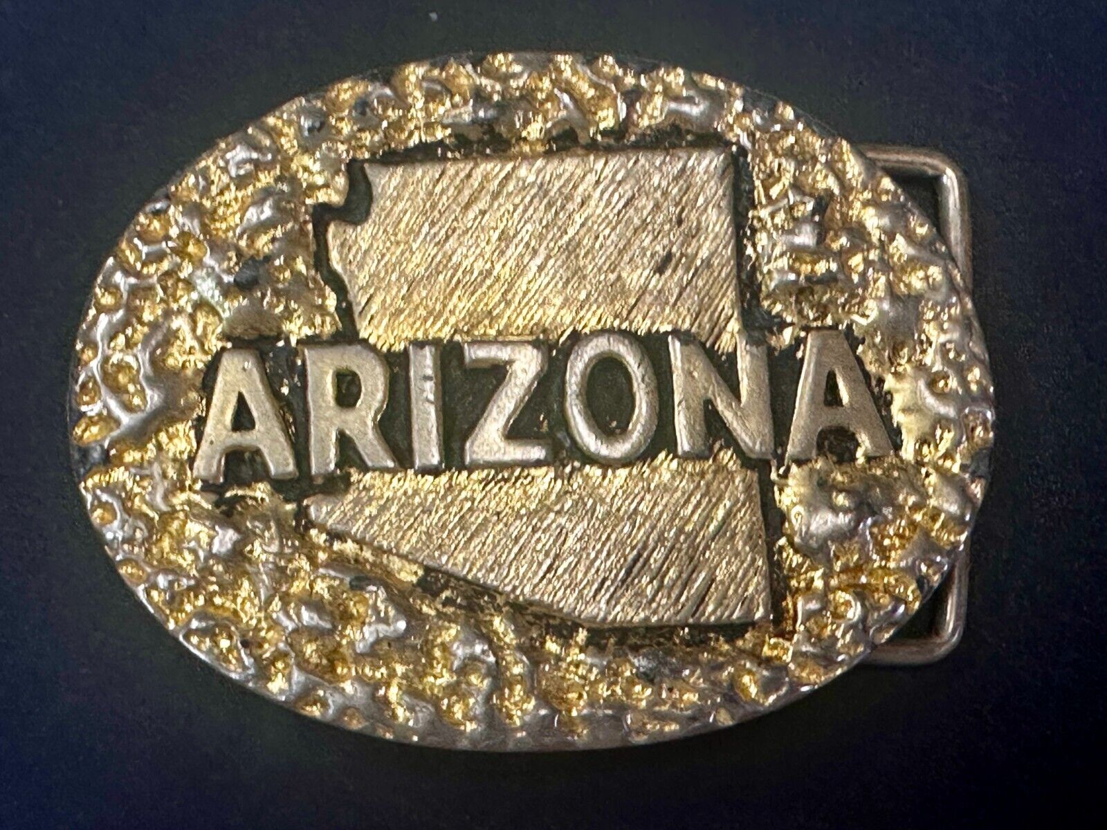 ARIZONA State Map Gold Nugget Panning Themed Metal Vintage Belt Buckle