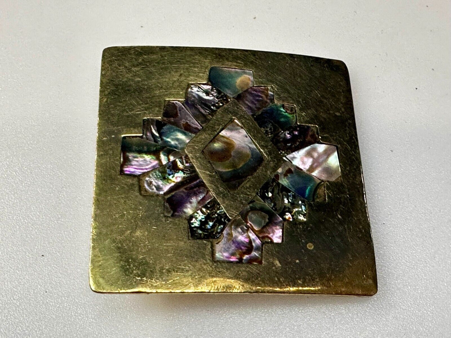 Vintage Inlaid Abalone Shell Into Solid Brass Hippy Vibe Alpaca? Belt Buckle