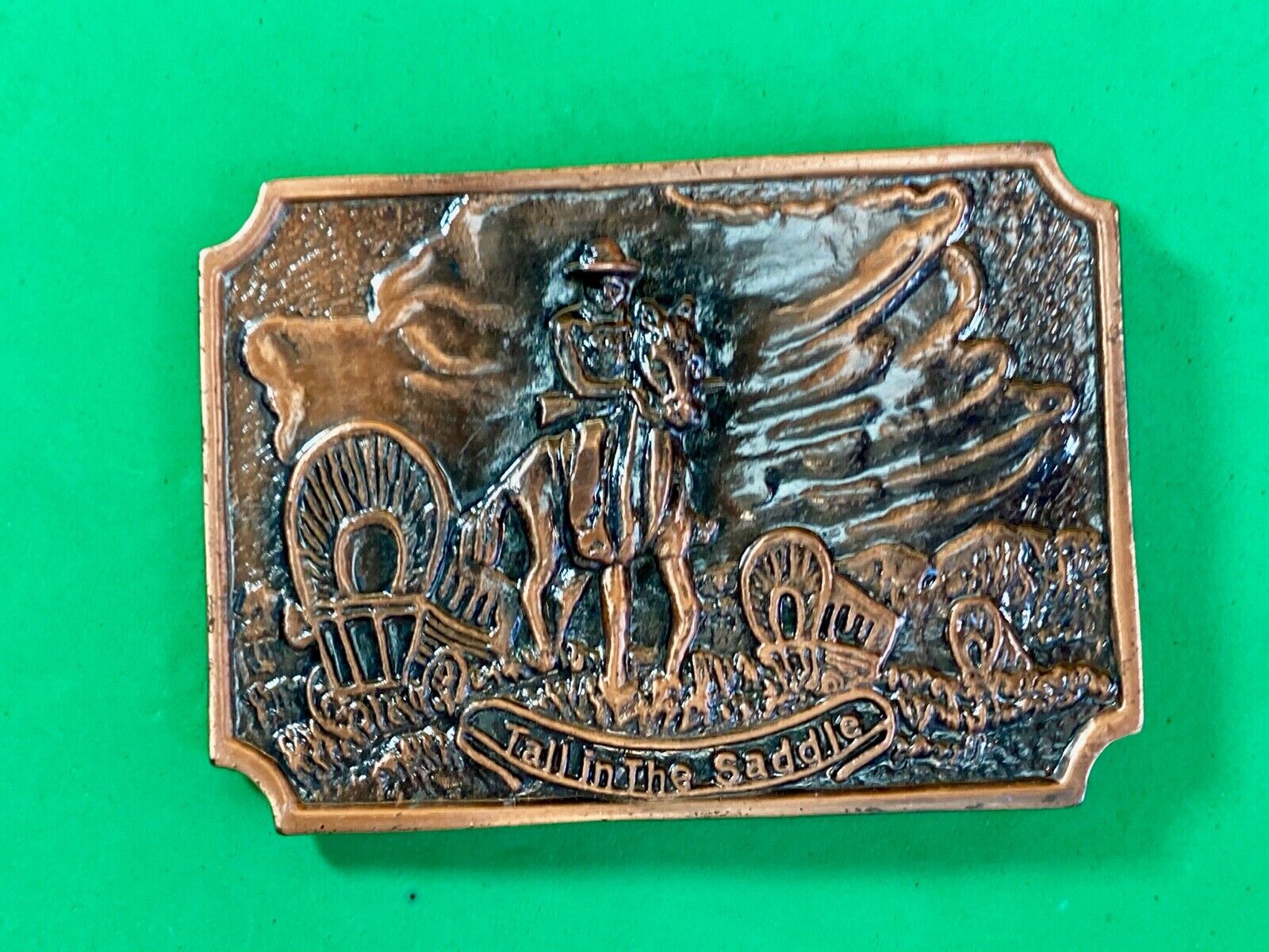 Tall In The Saddle Western Rodeo Cowboy On Trail With Covered Wagon Belt Buckle 