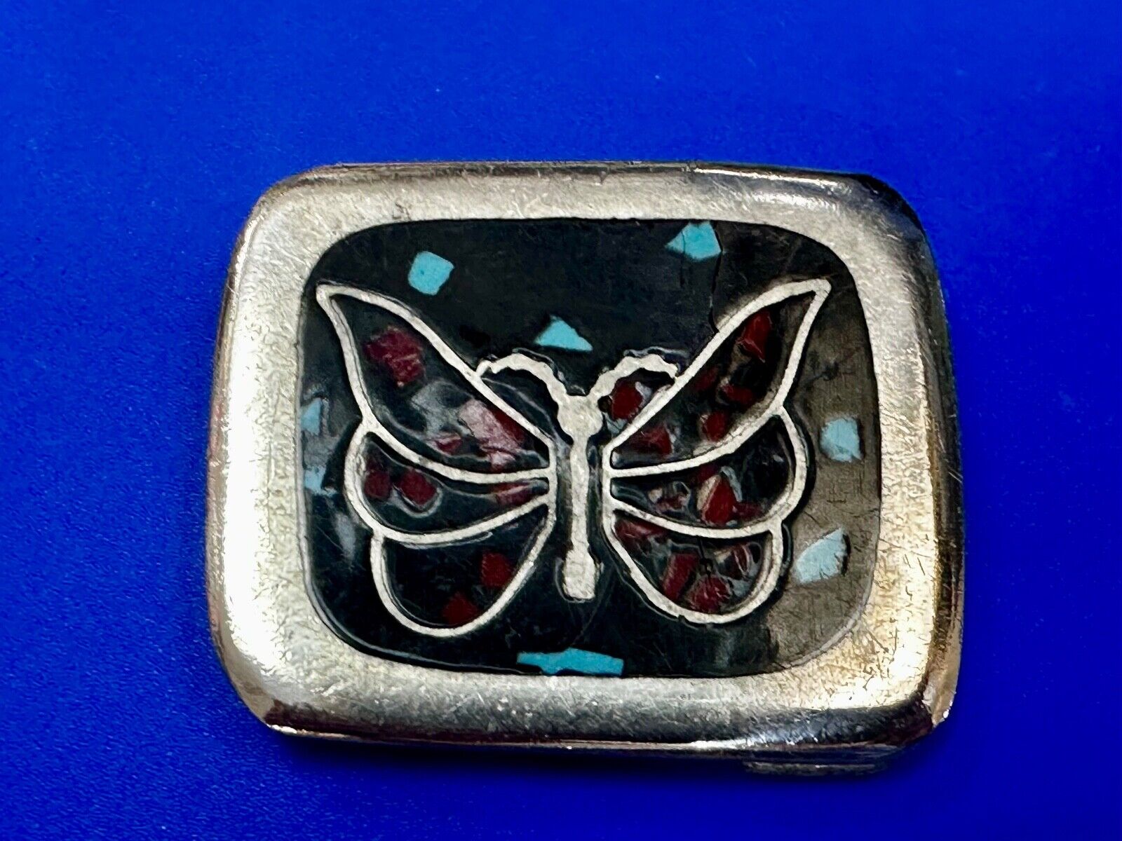 Artisan Butterfly in resin with Turquoise and coral colored chips Belt Buckle