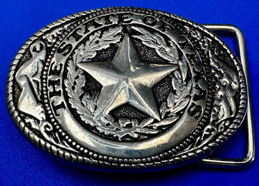 The Great State of Texas Star Flag Theme Vintage Silver tone western Belt Buckle