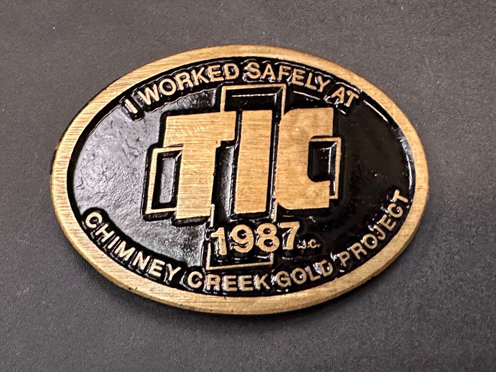 Vintage 1987 TIC Chimney Creek Gold Project Safety award brass belt buckle
