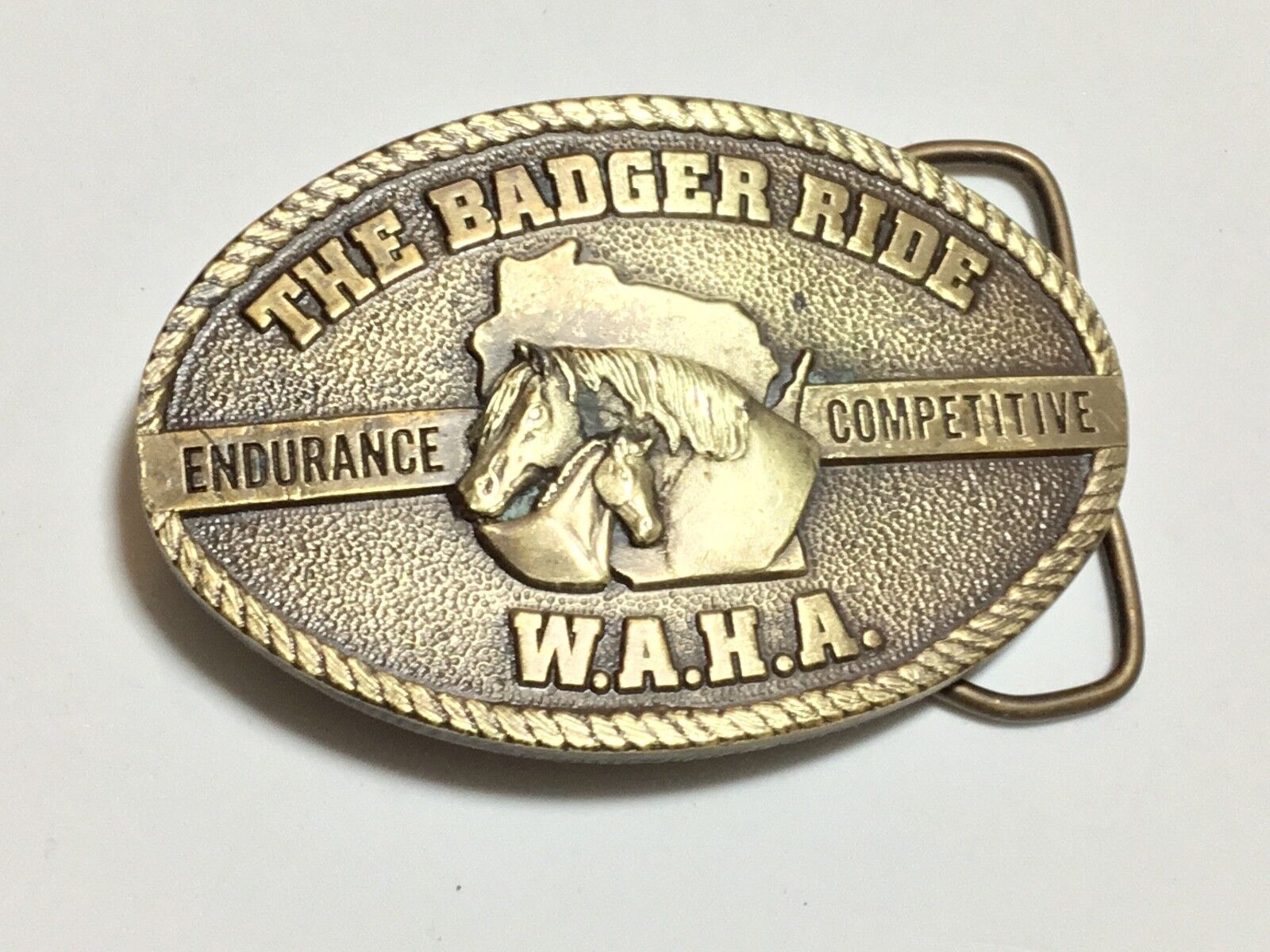 Vintage 1977 Bergamot WI Arabian Horse Assn    THE BADGER RIDE belt buckle  