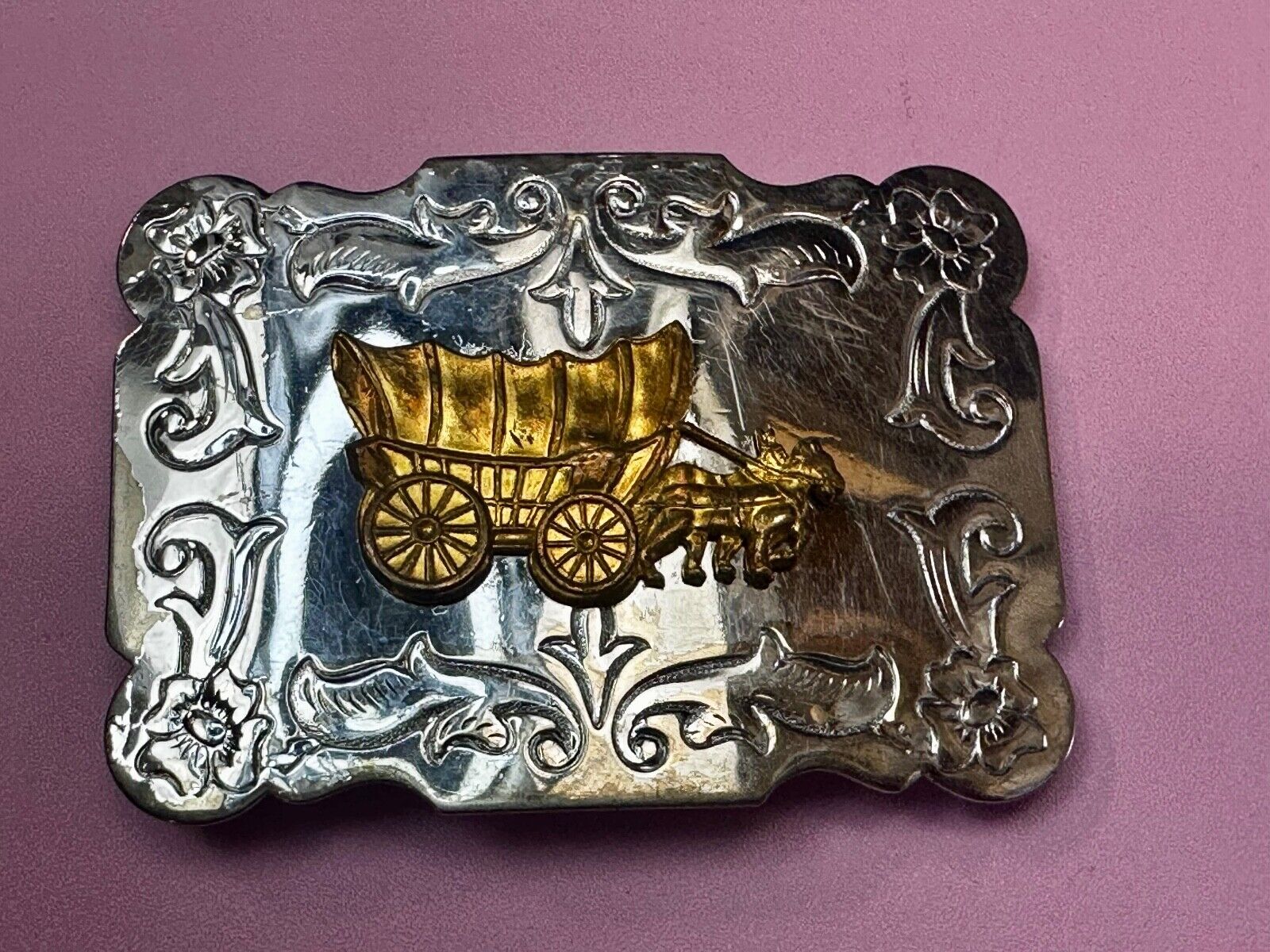 Vintage Horse Drawn Covered Wagon - two tone Belt Buckle with reflective surface
