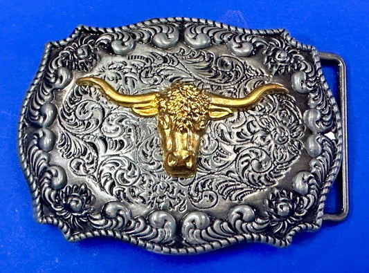 The Longhorn cow steer - cowboys cowgirls western raised two tone belt buckle