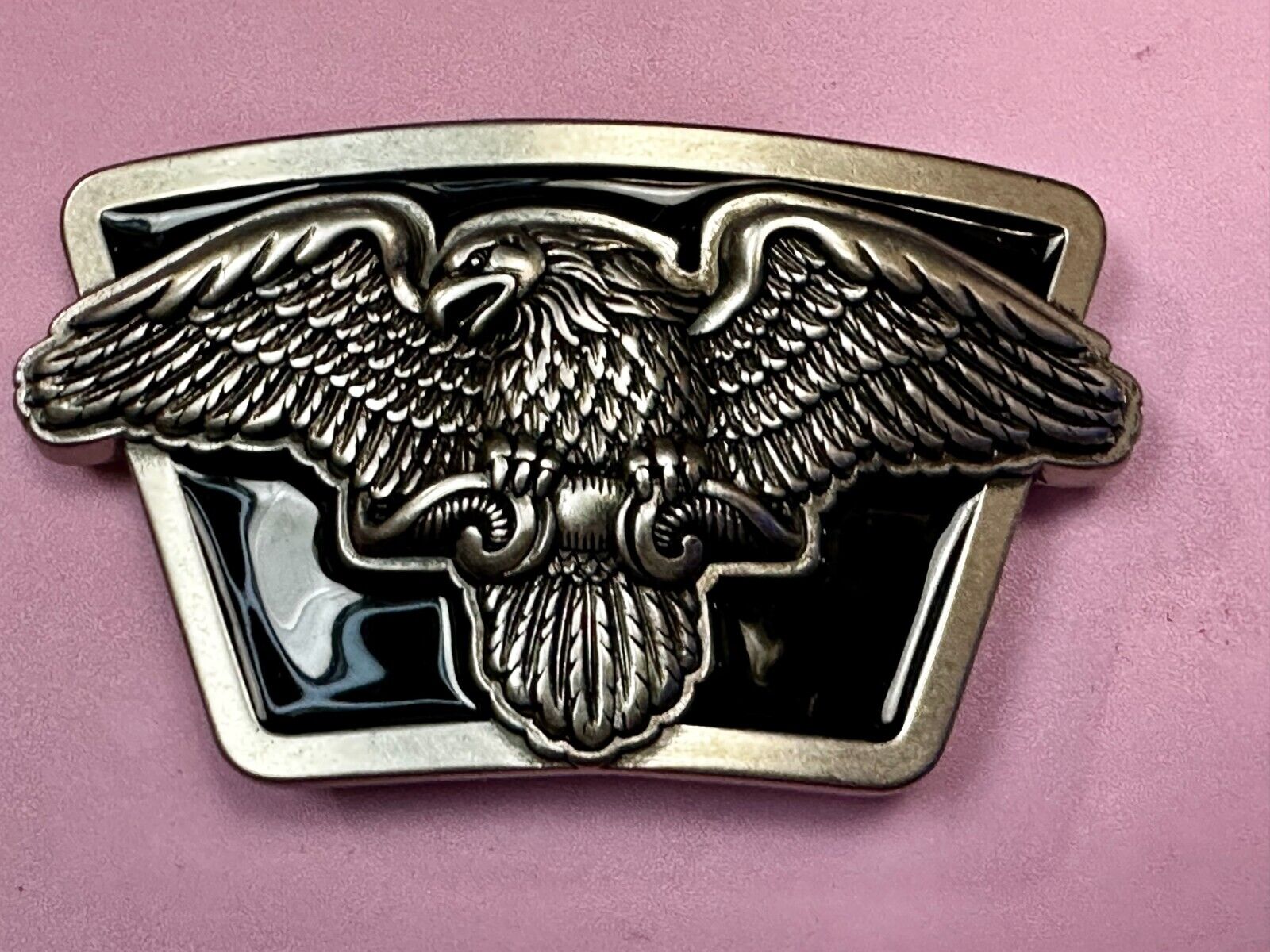 American Flying Bald Eagle Spreading Wings Silver Tone Black Enamel Belt Buckle