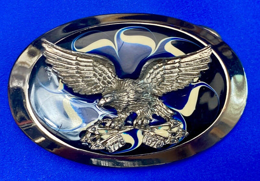 Vintage Eagle w/ arrows in claws western oval blue & cream enameled belt buckle