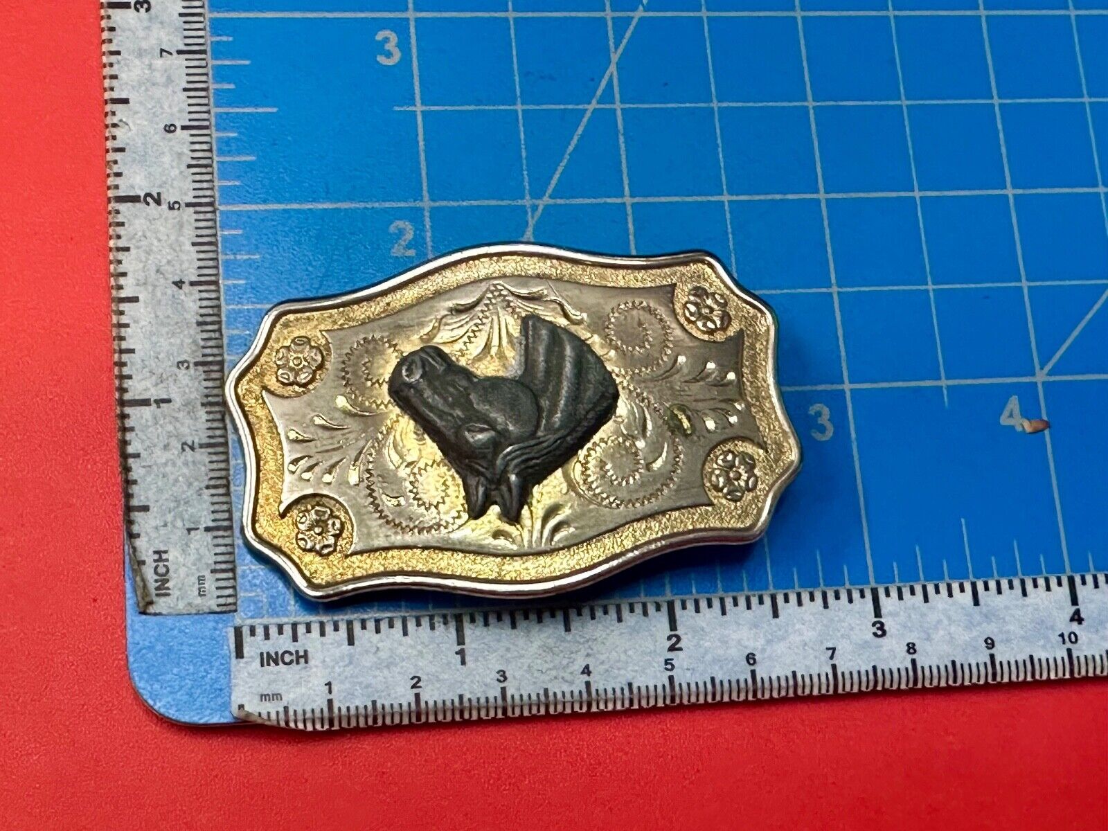 Vintage Horse head - Two tone western flower swirl belt buckle