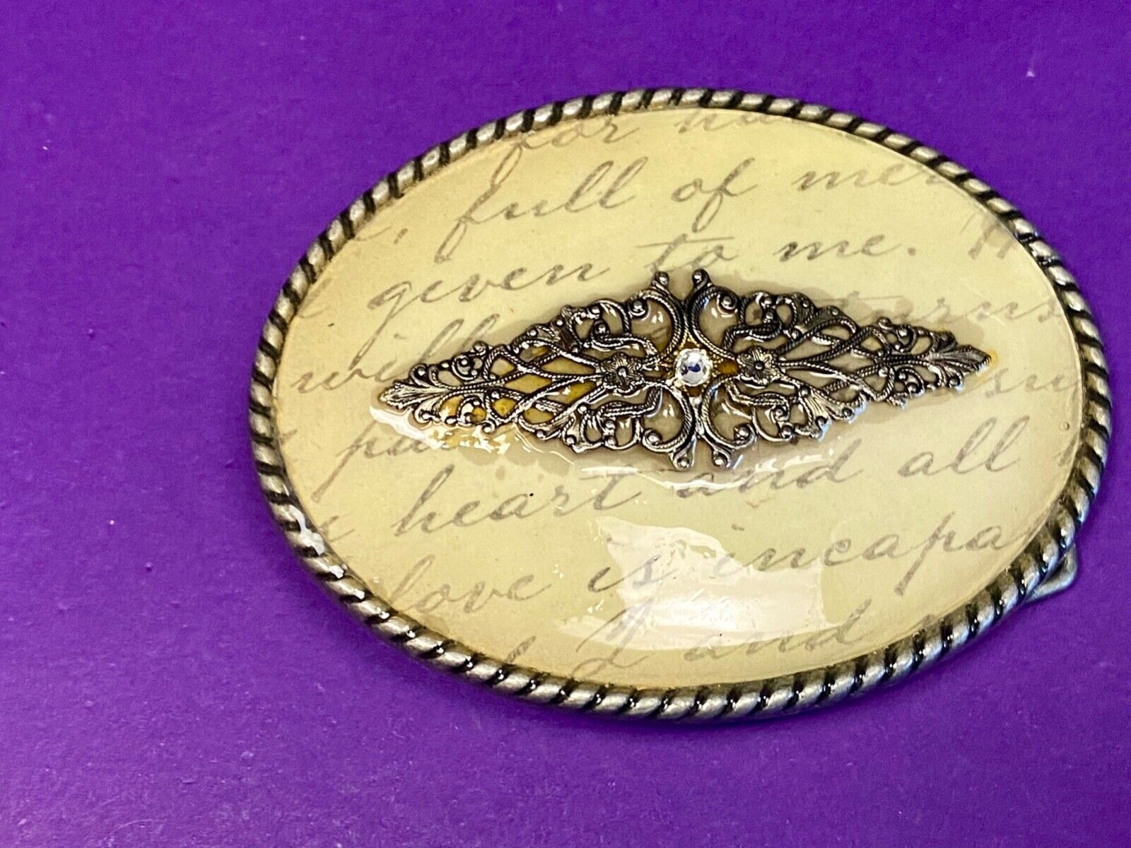Vintage Ivan Oval Words Poem Belt Buckle With Gold Tone Centerpiece Belt Buckle