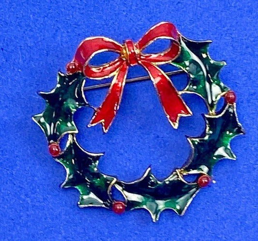 Vintage EISENBERG ICE Christmas Holly Wreath Brooch Pin Red Green Gold Enamel