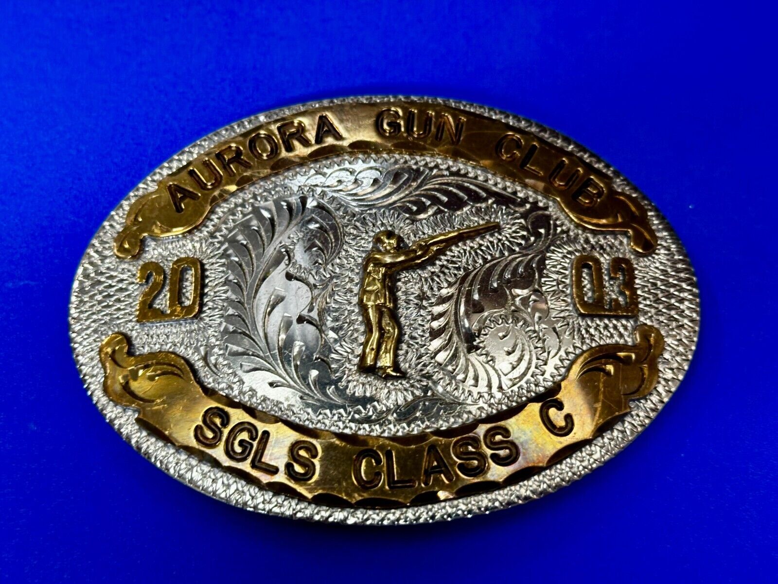 Aurora Gun Club Singles Class C 2003 Defensive Pistol Trophy Award Belt Buckle