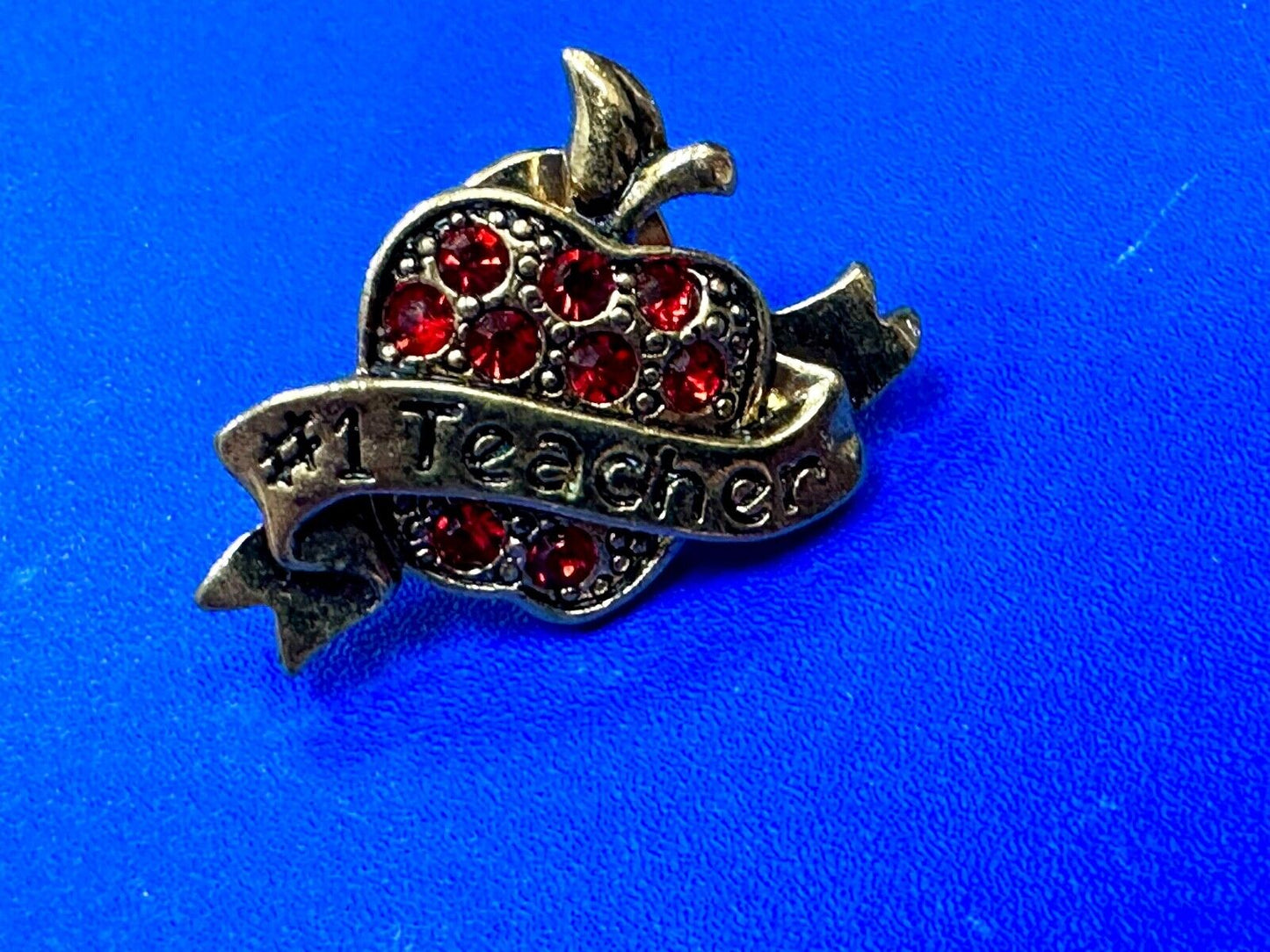 Apple Brooch Pin #1 Teacher Red Rhinestone Avon signed gold tone brooch