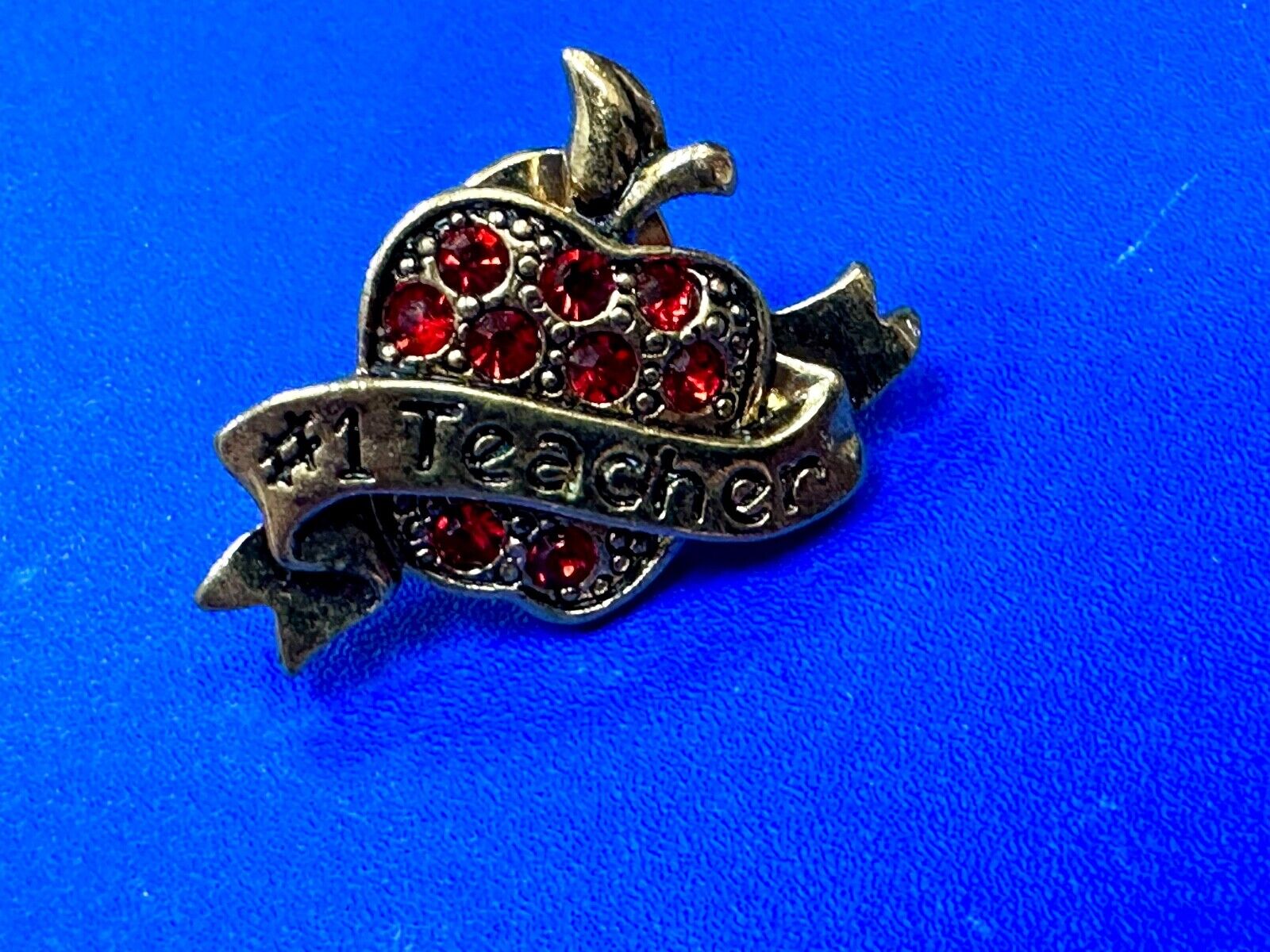 Apple Brooch Pin #1 Teacher Red Rhinestone Avon signed gold tone brooch