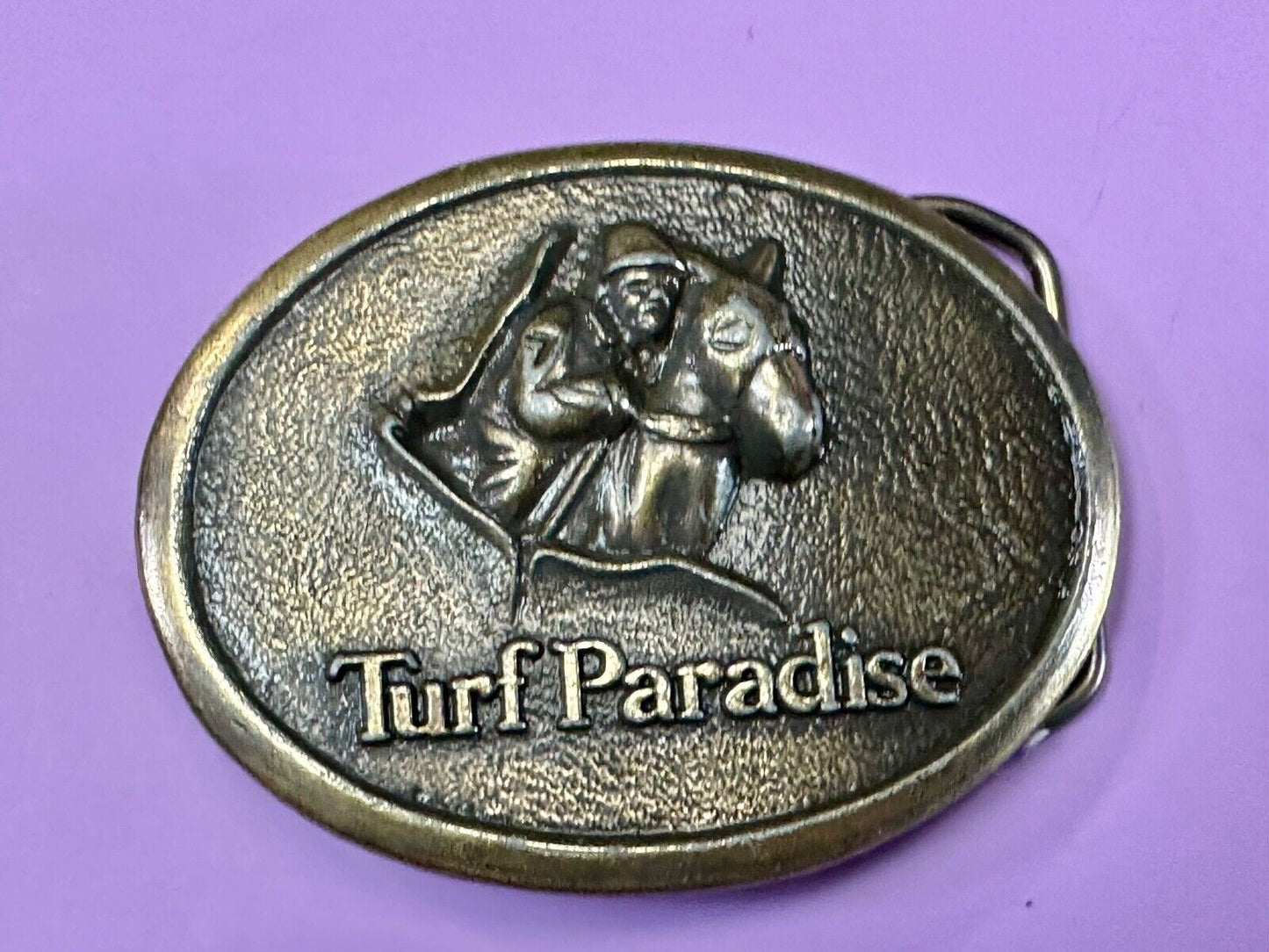 TURF PARADISE ARIZONA HORSE RACING TRACK VINTAGE BRASSTONE BELT BUCKLE