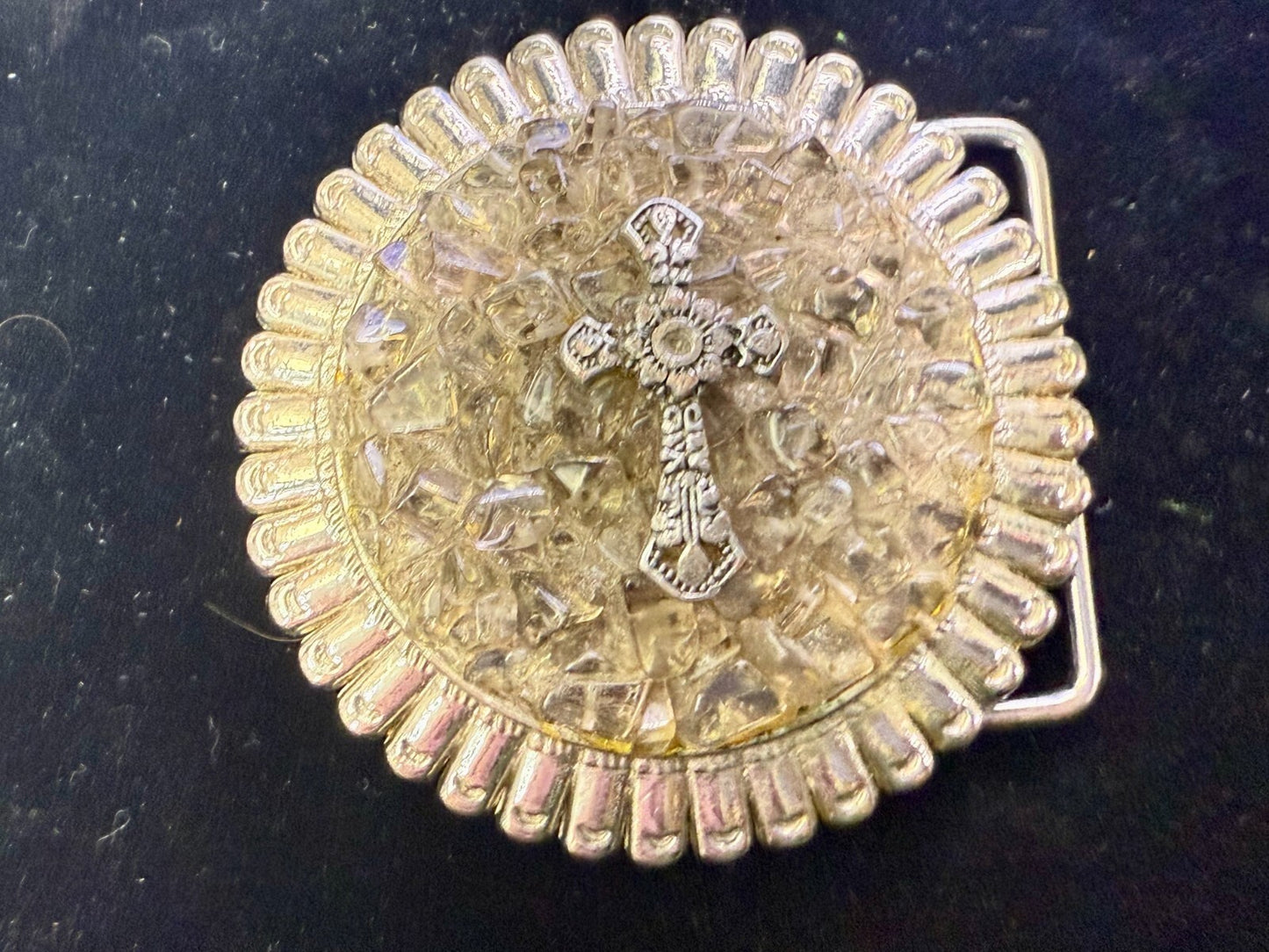 Artisan Religious Iron Cross Clear Stone Covered Unique Round Belt Buckle