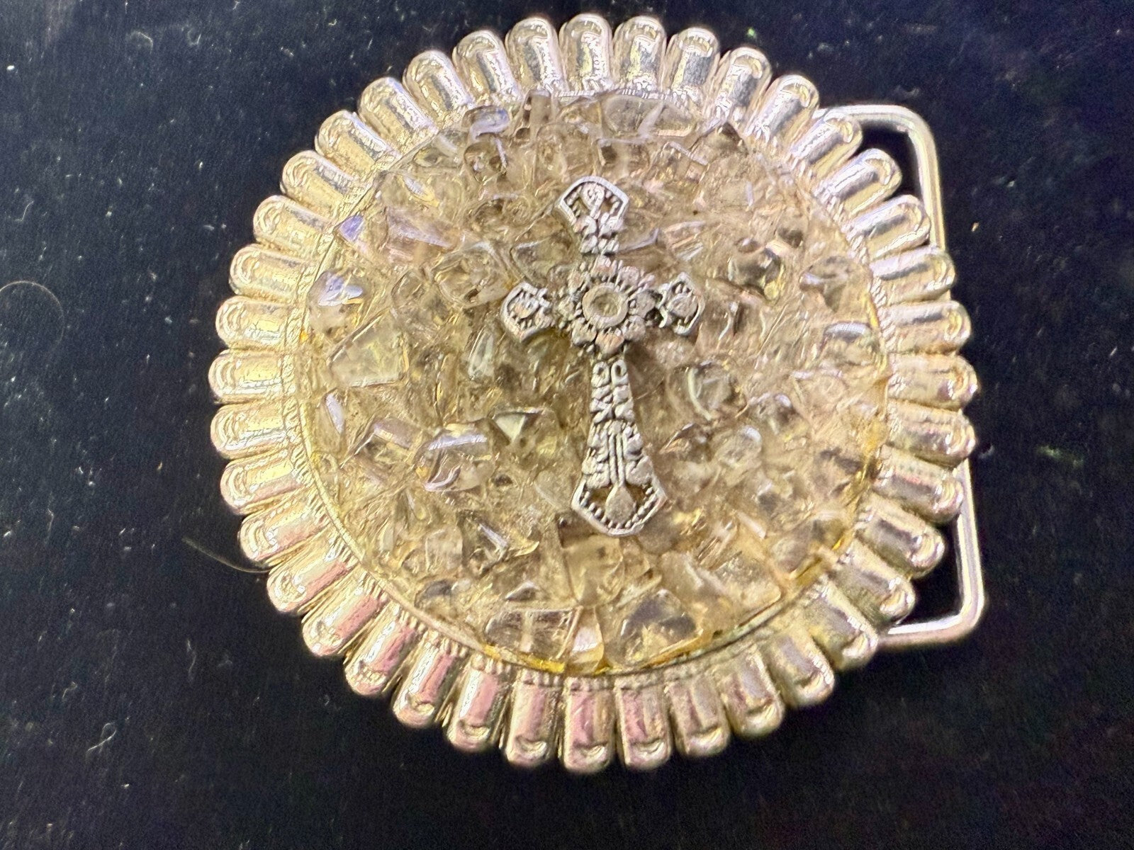 Artisan Religious Iron Cross Clear Stone Covered Unique Round Belt Buckle