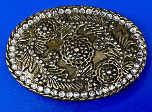 vintage accented western brown color oval floral theme belt buckle
