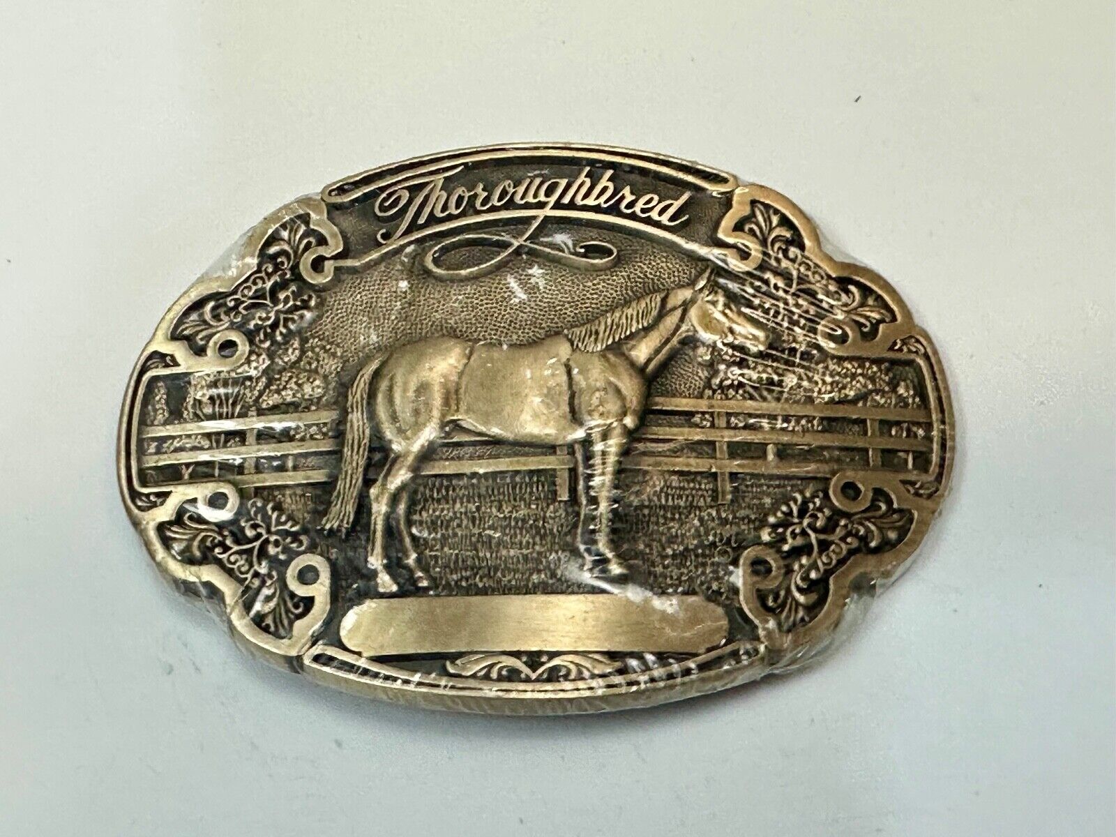 Thoroughbred Horse with Award Ribbon NOS Vintage ADM Solid Brass Belt Buckle