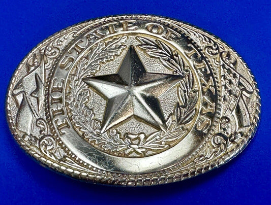 The Great State of Texas - Lone Star Flags seal gold & white color belt buckle