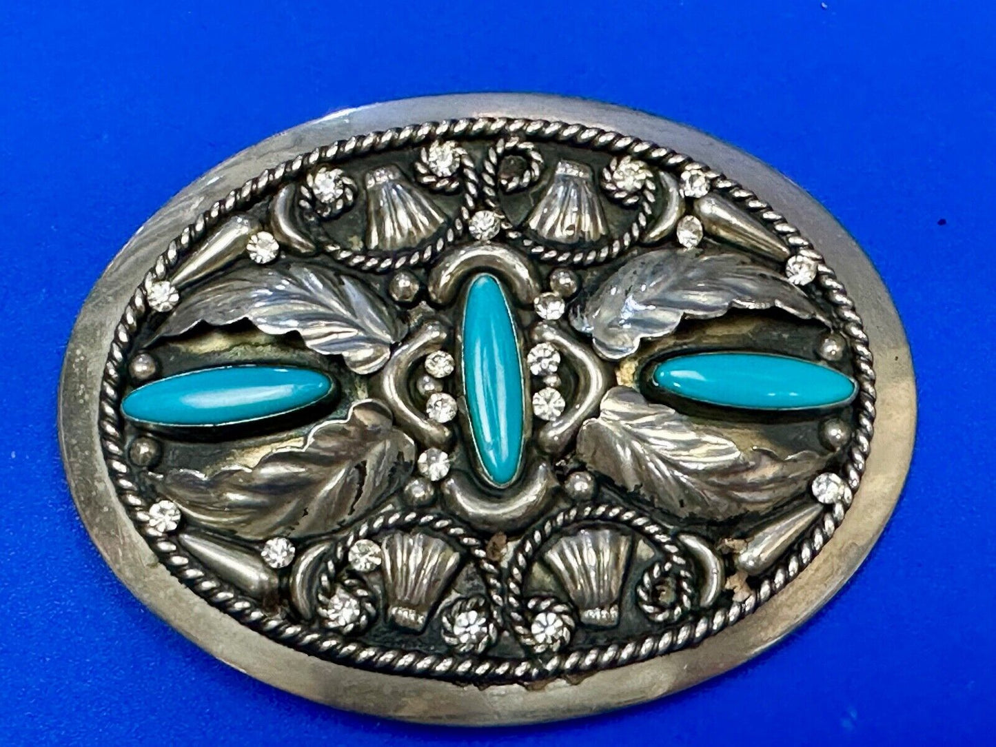 Vintage Faux Turquoise and Feather's Beautiful Alpaca Mexico Stamped Belt Buckle