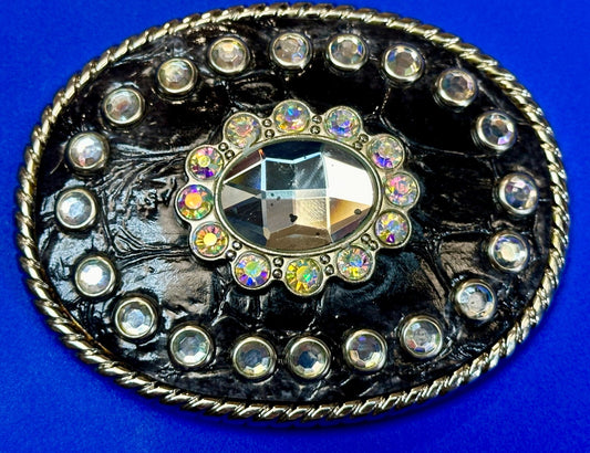 Beautiful Clear Rhinestone Bling Leather on Metal Vintage Belt Buckle