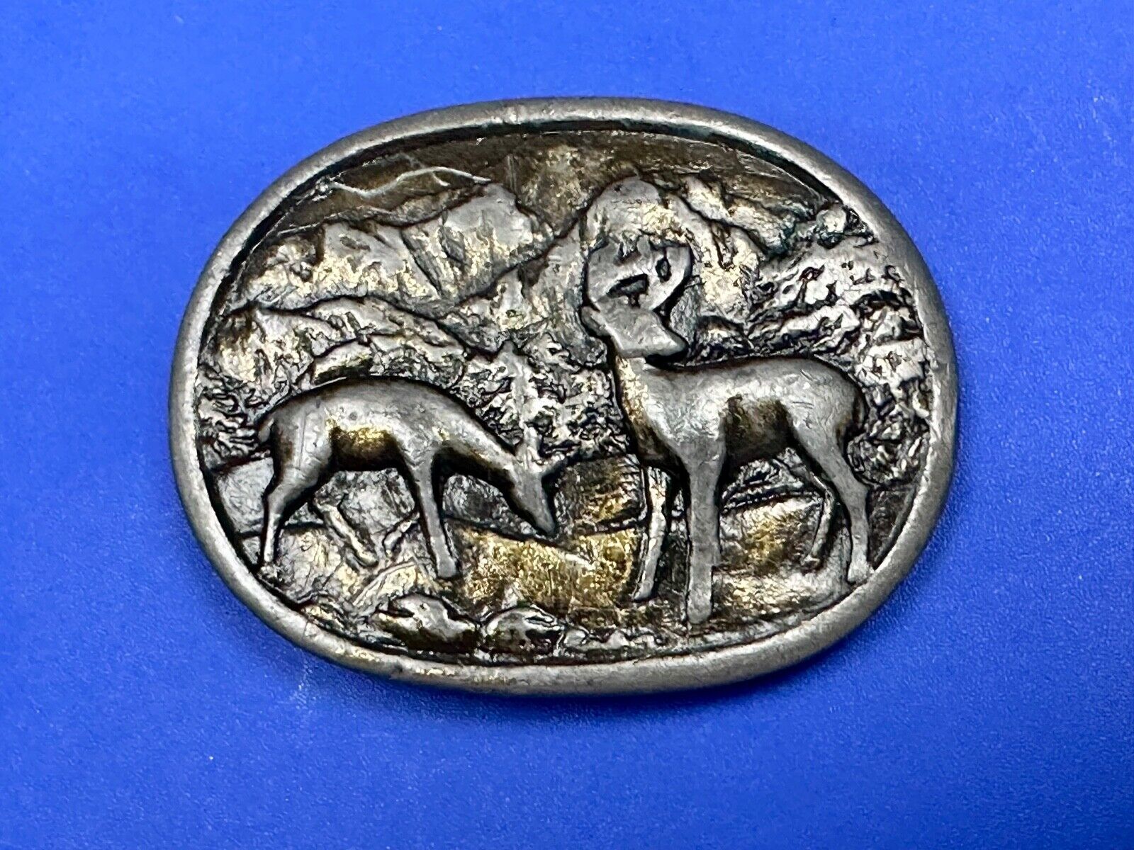 two deer grazing in nature - hunters western belt buckle