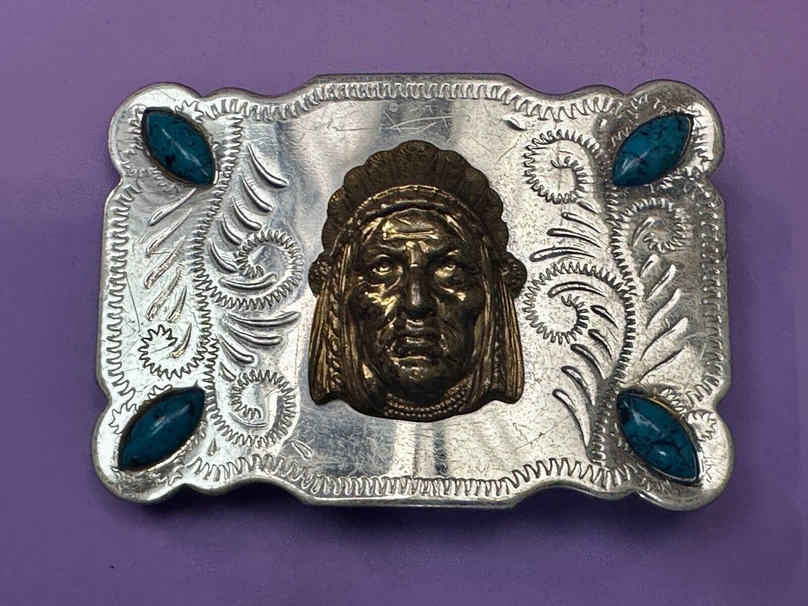 3D Native American Indian Chief & Turquoise stones Nickel Silver Vtg Belt Buckle