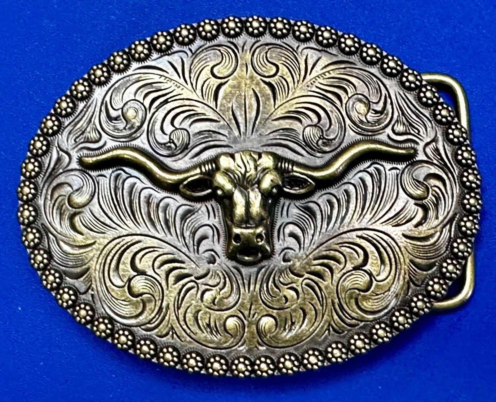 3.5" Wide Texas Longhorn Ornate Engraved Swirl Belt Buckle With Flower Boarder