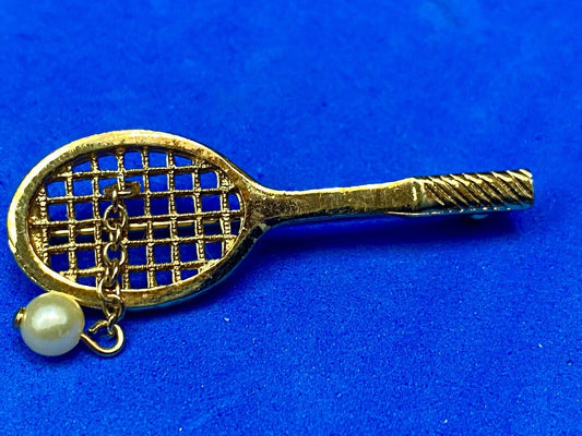Vintage Avon Jewelry Goldtone Tennis Racquet Brooch Faux Pearl Ball, 1 3/4" long