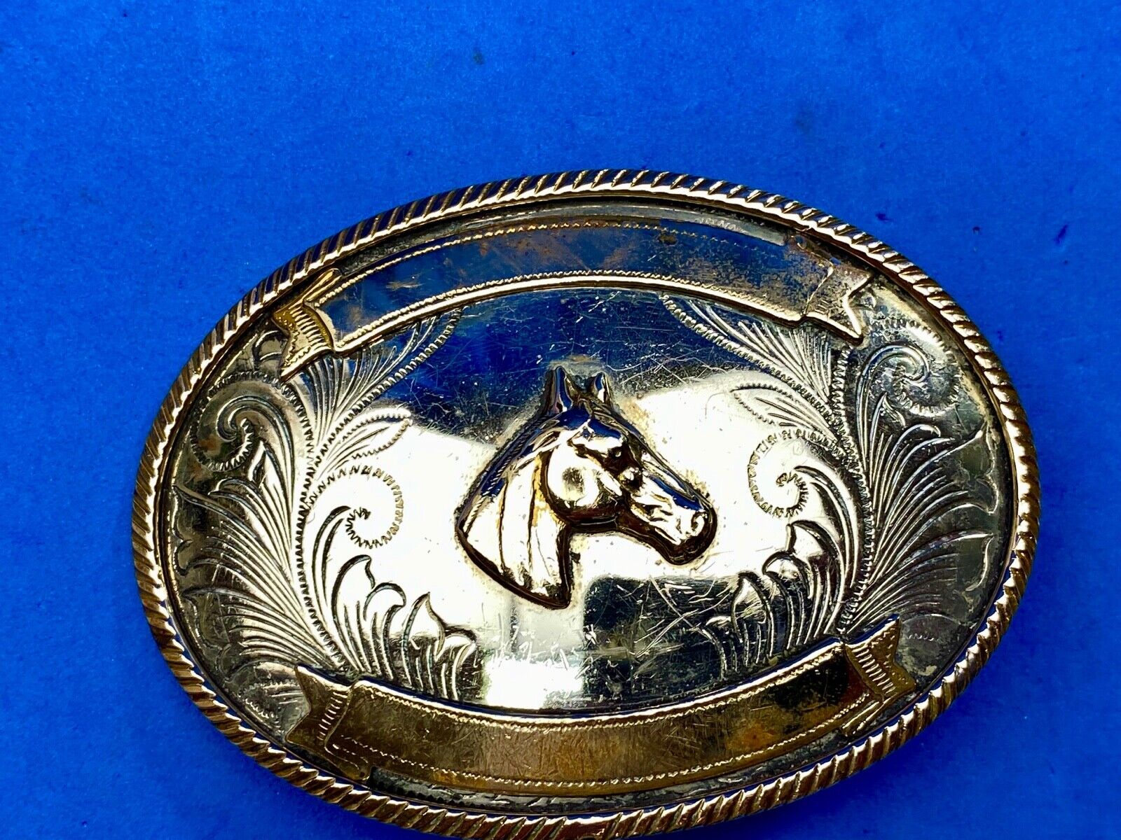 Beautiful Belt Buckle - Horse head bust made of German Silver with award scroll 