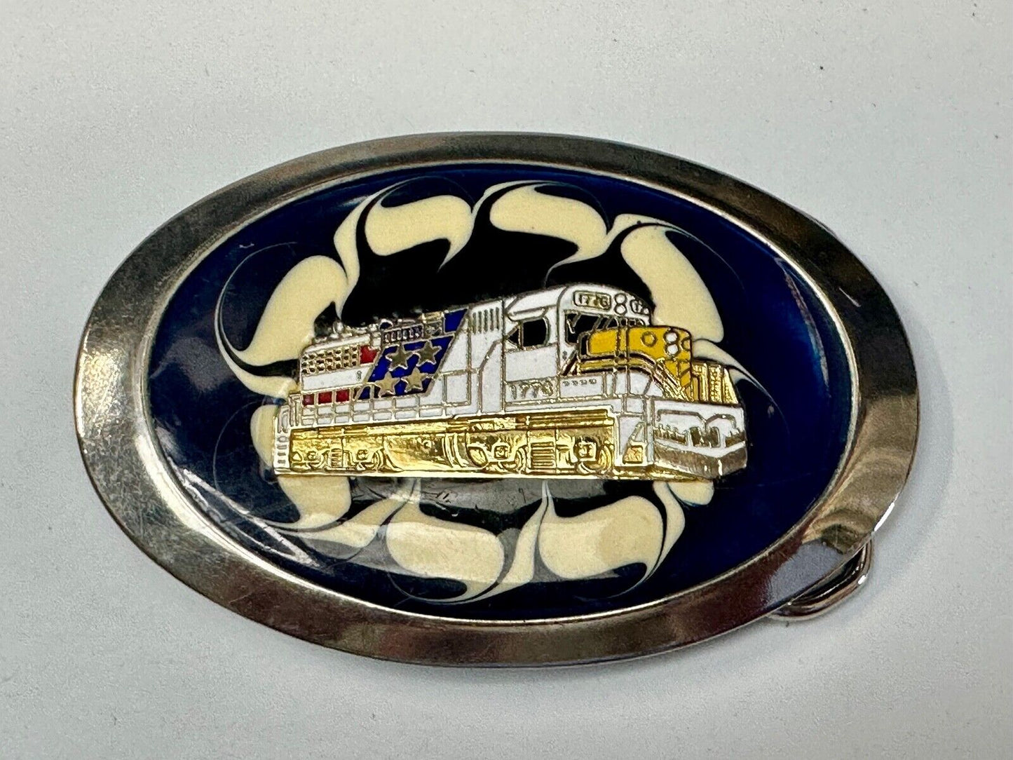 Artisan Trail Car Engine on retro swirl background Vintage Oval Belt Buckle