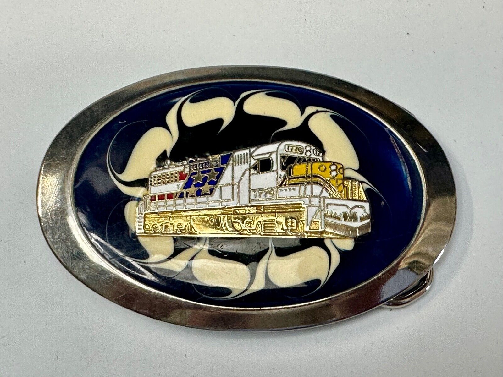Artisan Trail Car Engine on retro swirl background Vintage Oval Belt Buckle