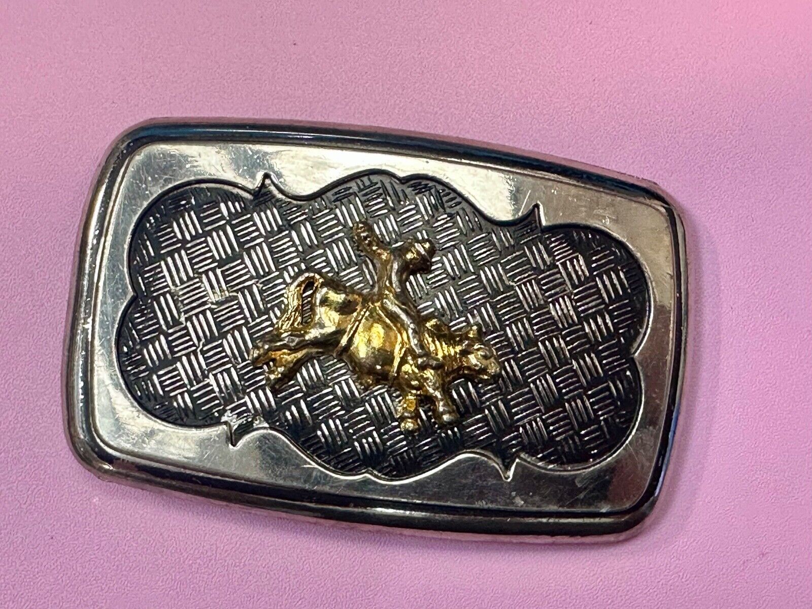 Vintage Cowboy Saddle Bronc western belt buckle with mesh background!