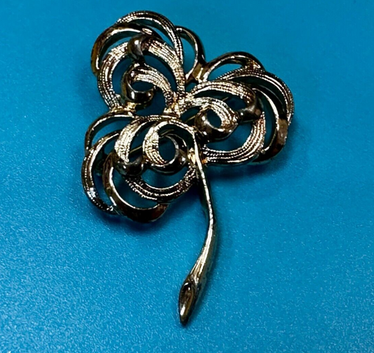 Three Leaf Clover Flower Openwork Gold Tone Brooch Pin Signed by Sarah Coventry