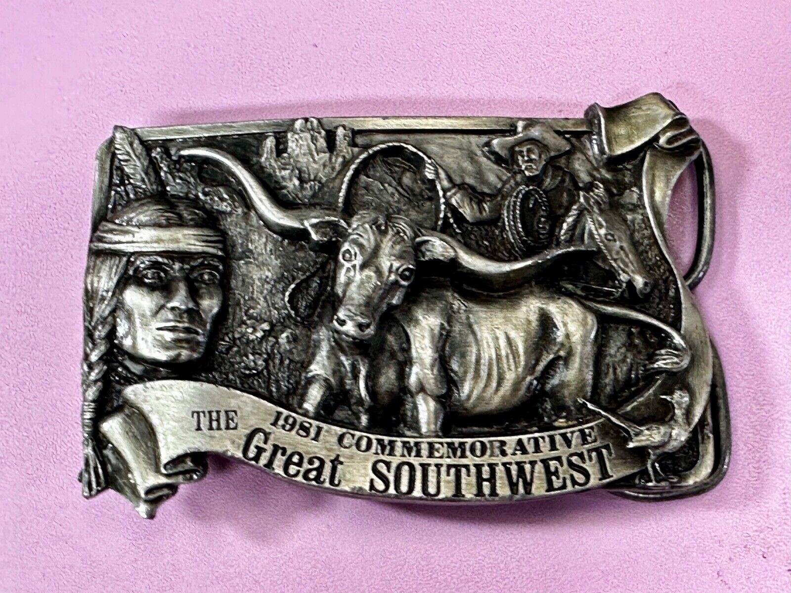 The Great Southwest Navajo Indian Hunter Commemorative Vintage 1981 Belt Buckle
