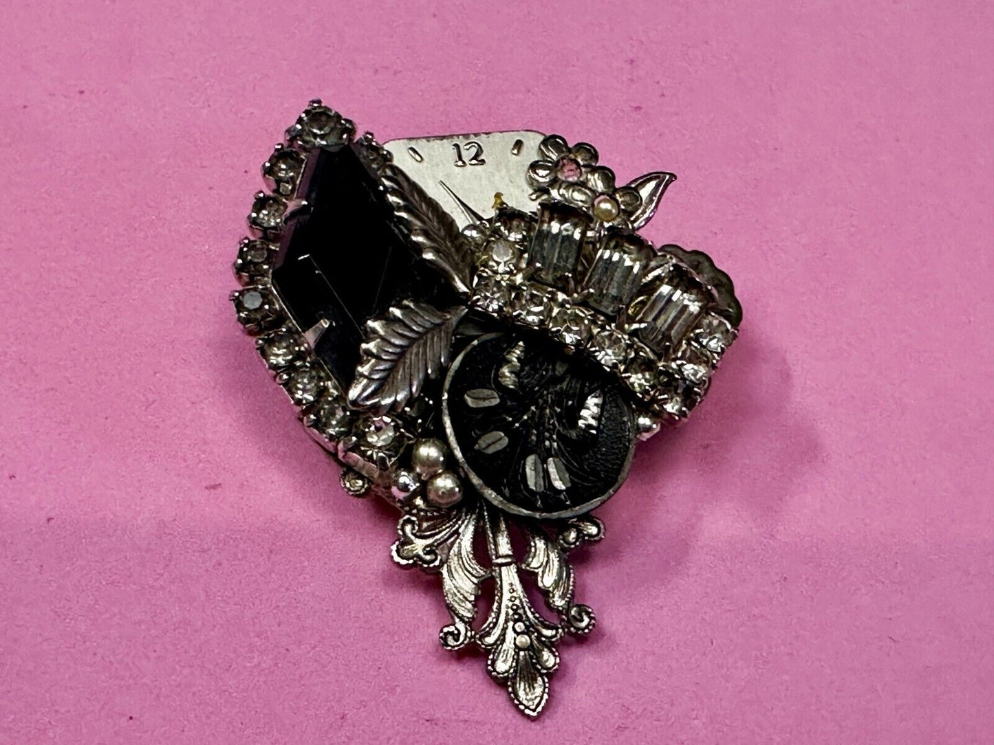 Victorian Style Flower Clocks with Rhinestone Artisan Silver Tone Brooch Pin