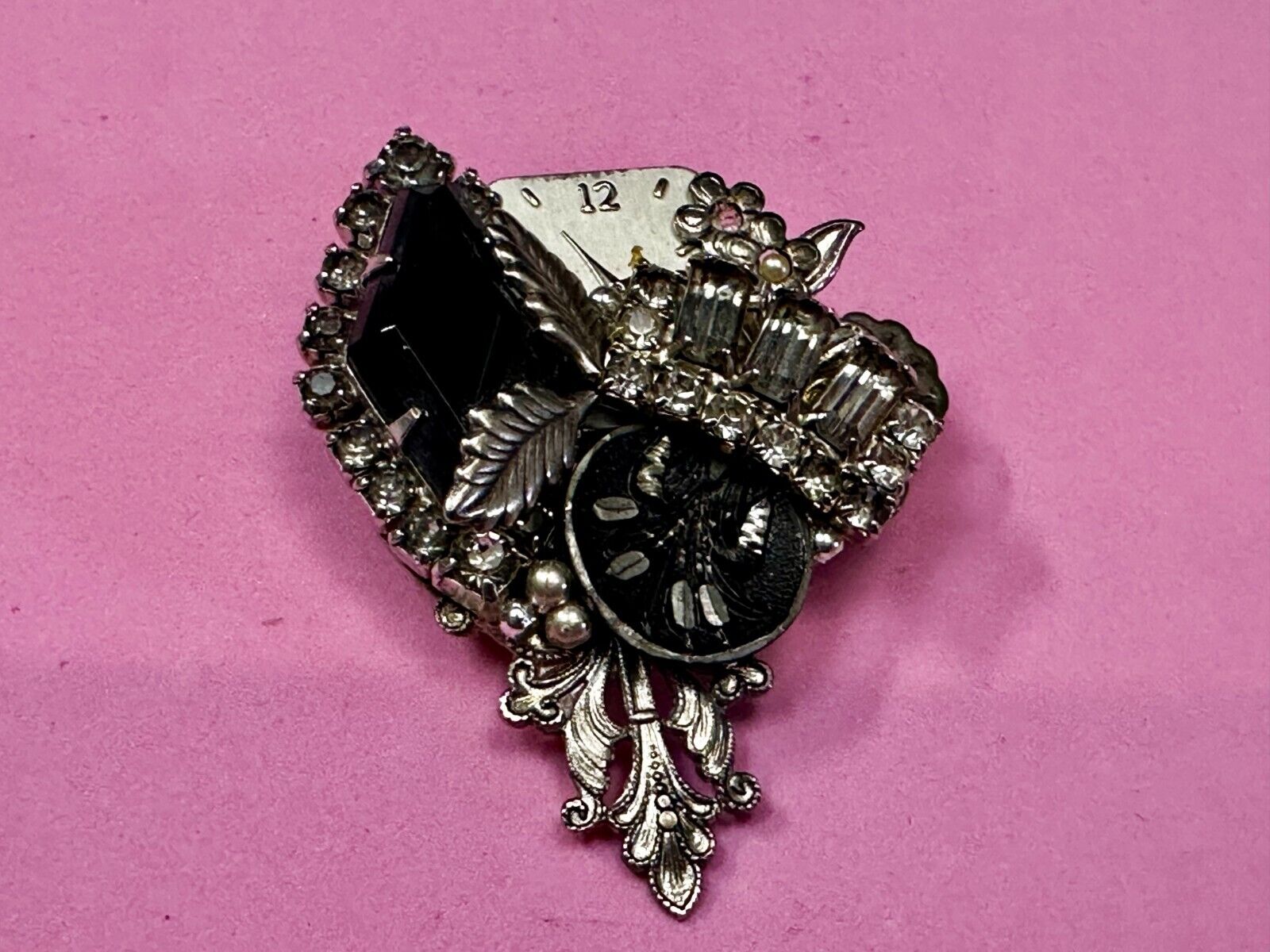 Victorian Style Flower Clocks with Rhinestone Artisan Silver Tone Brooch Pin