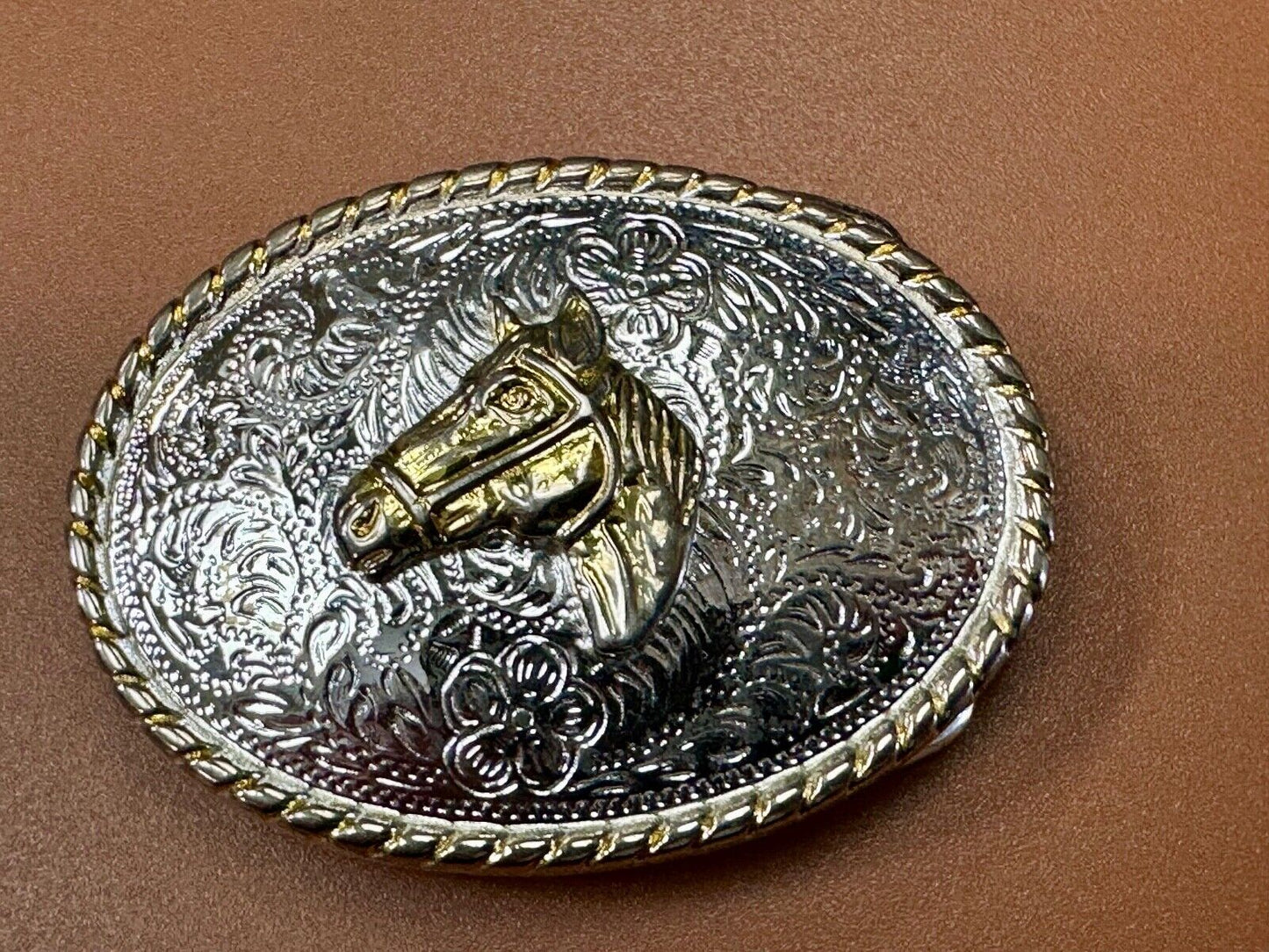 Vintage Horse Head  Two tone oval western 2.75" wide belt buckle by Ivan