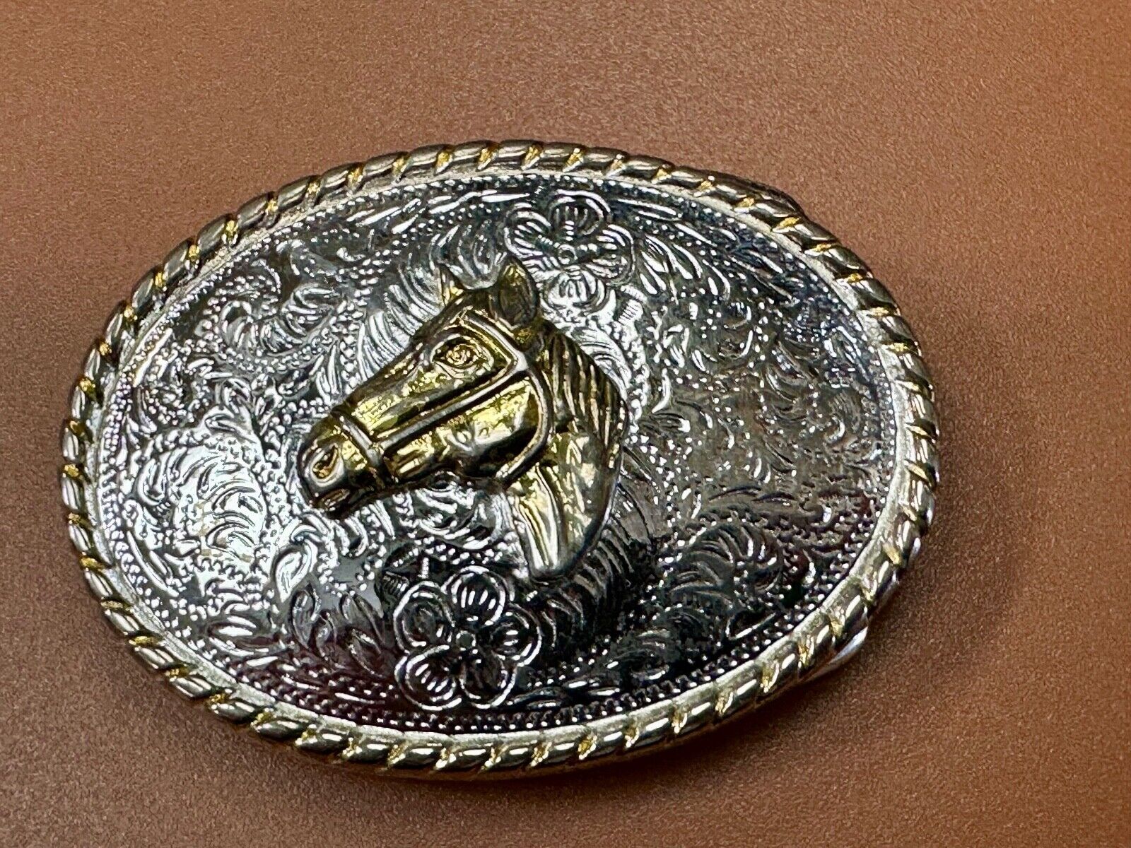Vintage Horse Head  Two tone oval western 2.75" wide belt buckle by Ivan